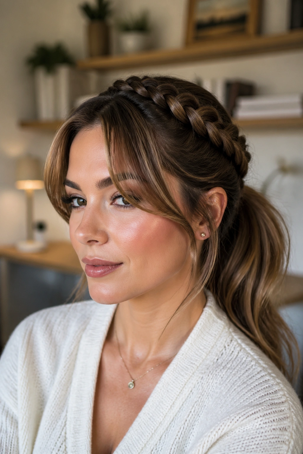 Close-up of a real woman with curtain bangs and a French braid into a ponytail