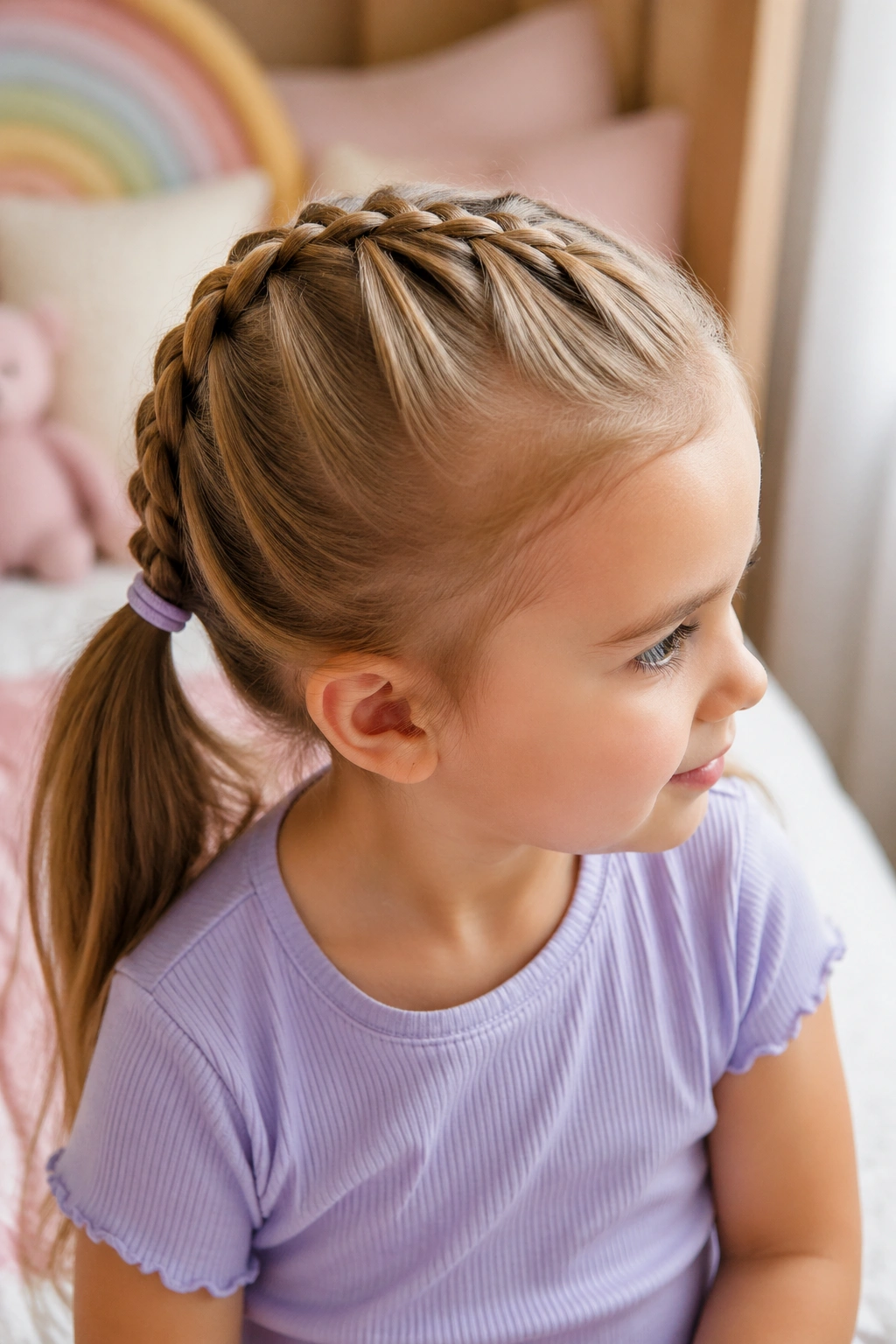 Close-up of a real toddler girl with a French braid that transitions into a ponytail in a cozy bedroom