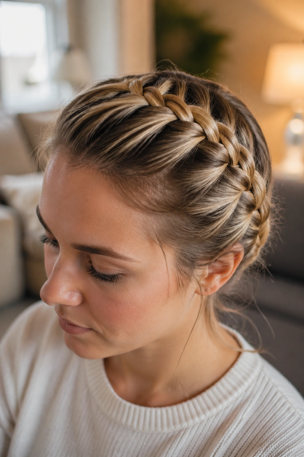 Close-up portrait of a real woman wearing a crown-like French braid along the scalp.