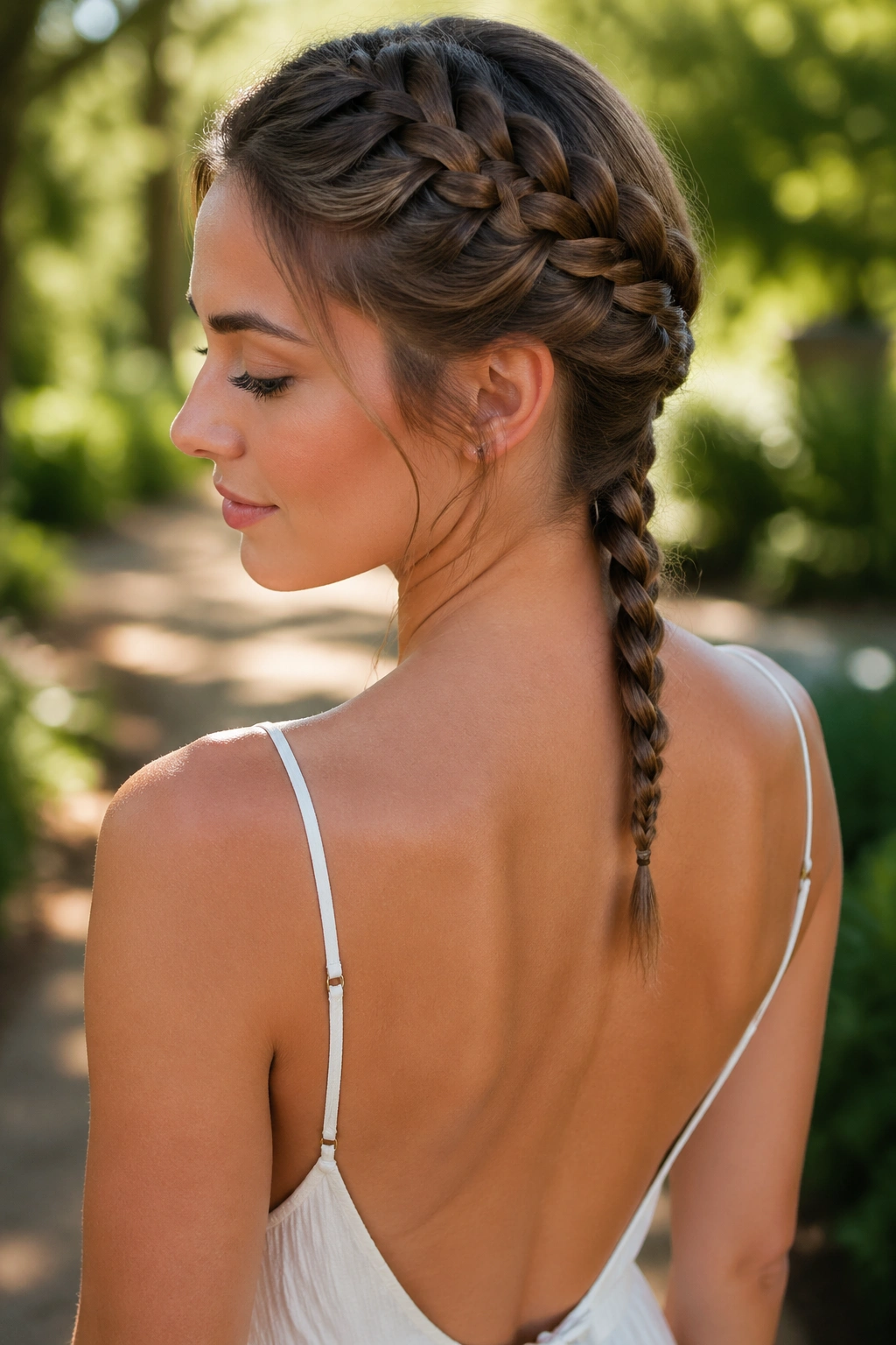Portrait of a woman with French braid fading into a rope twist at the back