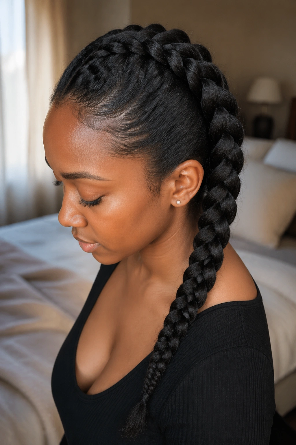 Close-up portrait of a real woman with a French braid on stretched 3B/3C curls in window light