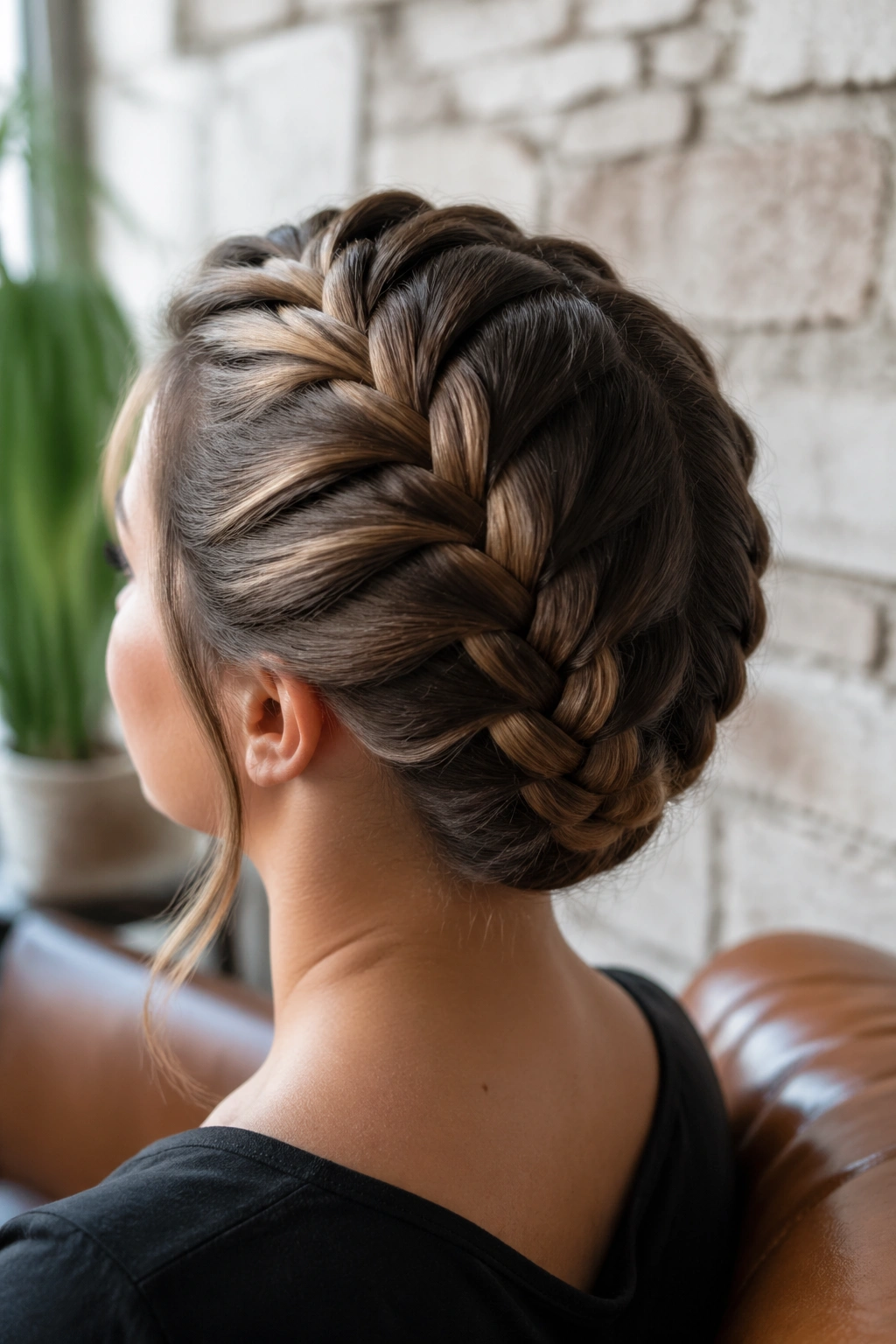 Close-up portrait of a real woman showing a French braid with a tucked tail finish along the nape