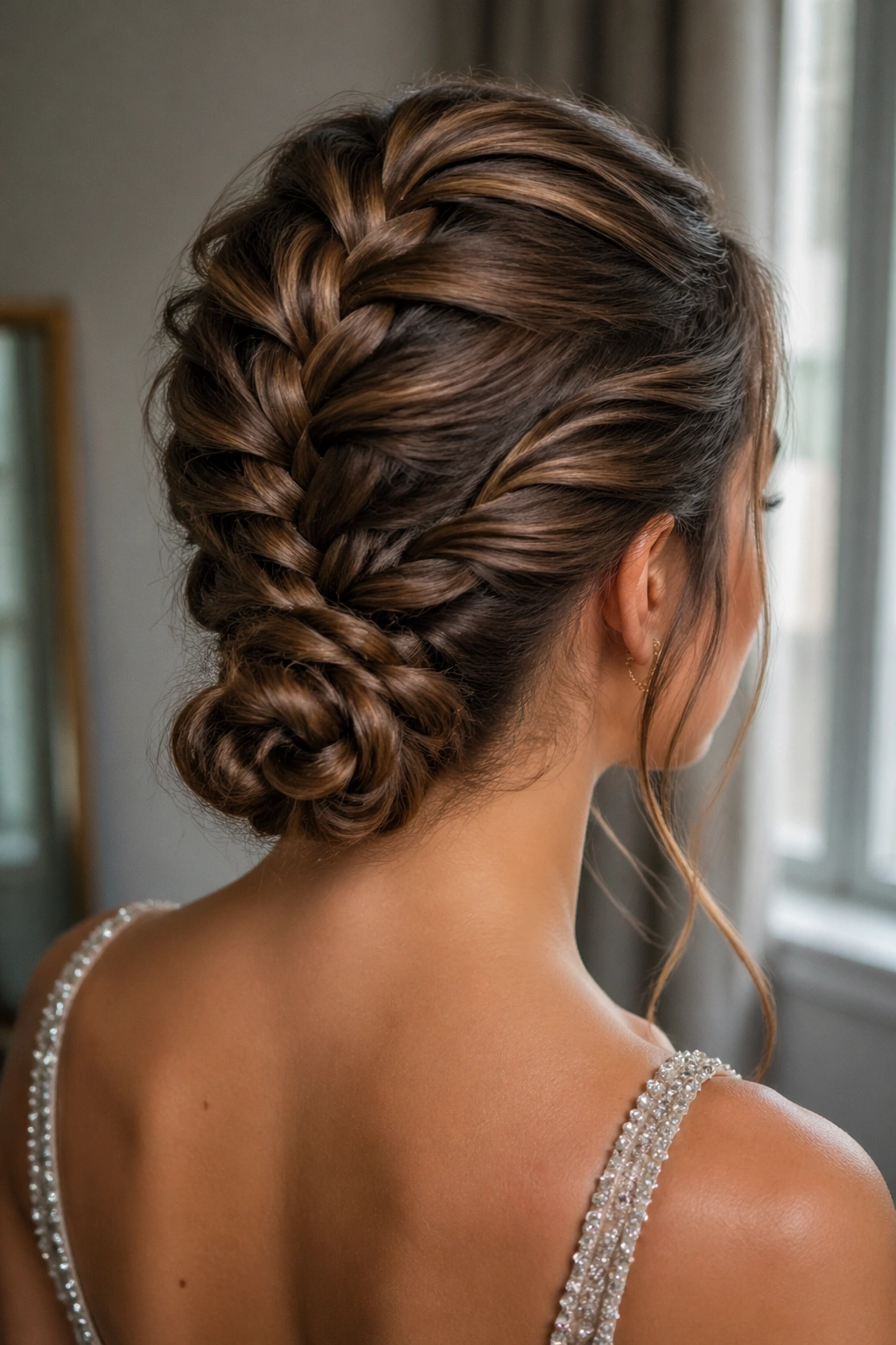 Real woman with French braid transitioning into a twisted knot at the nape, seen from rear-three-quarter