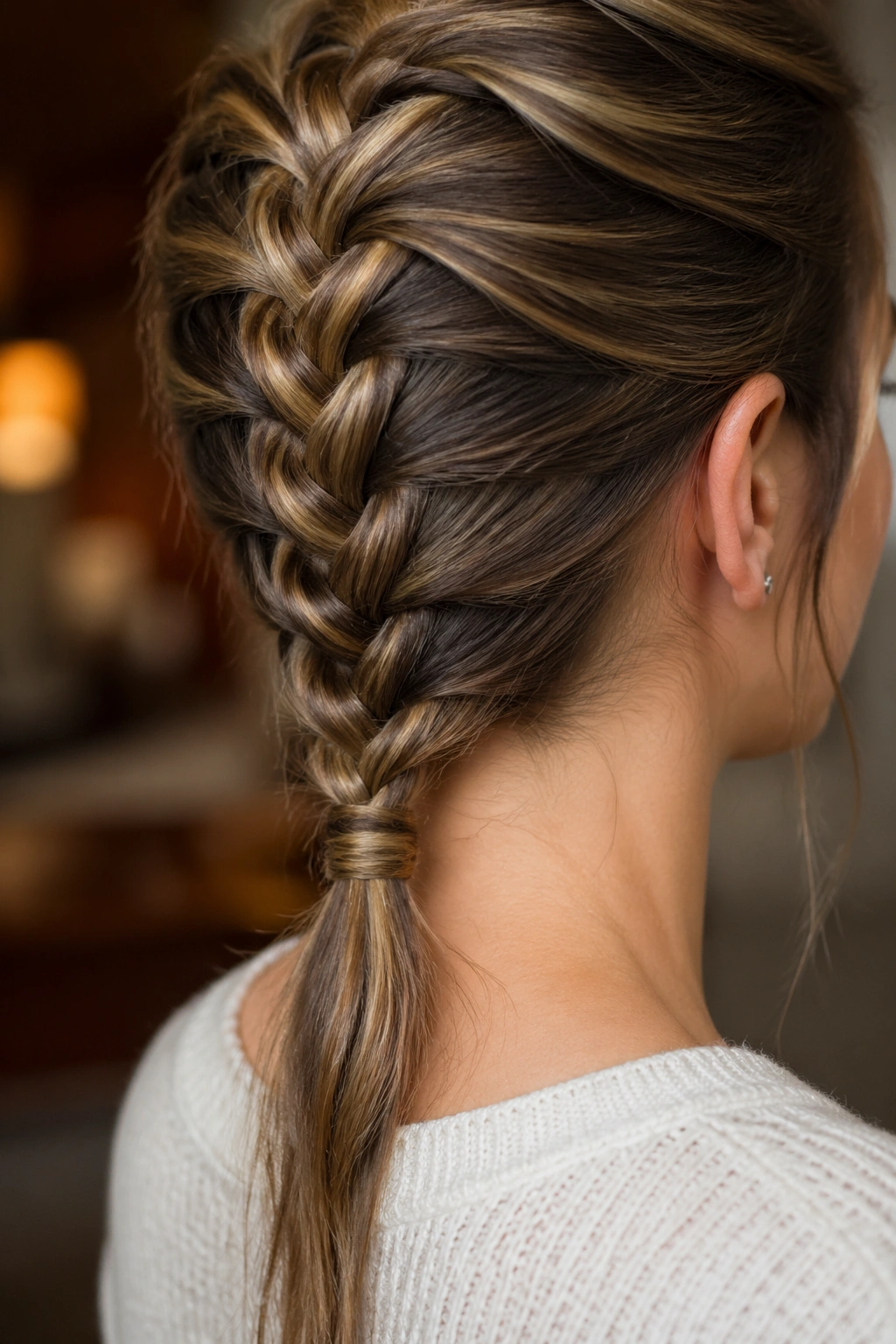 Close-up of a real woman showing a French braid with a wrapped elastic finish.