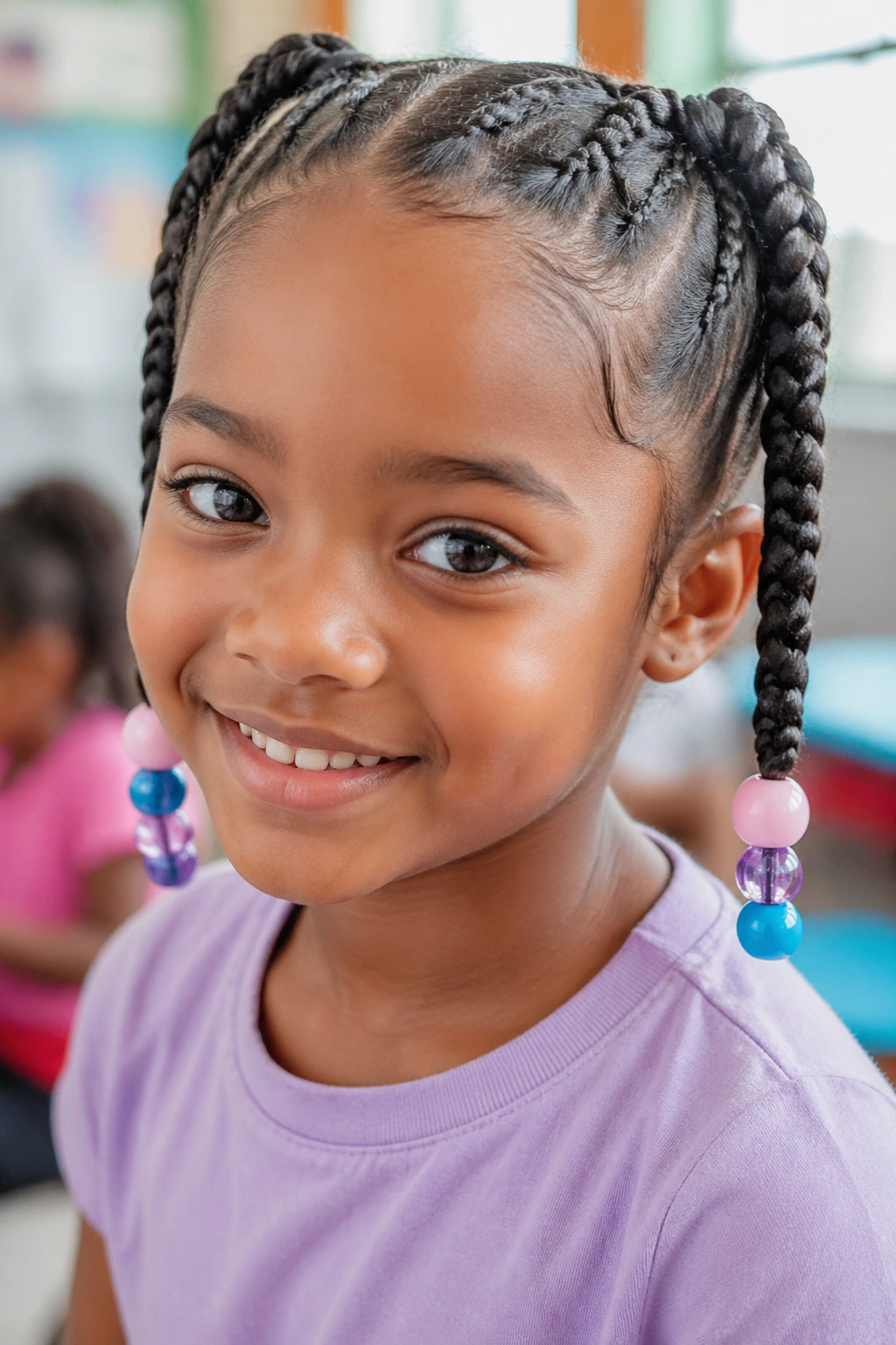 Child with French braid pigtails and layered beads.