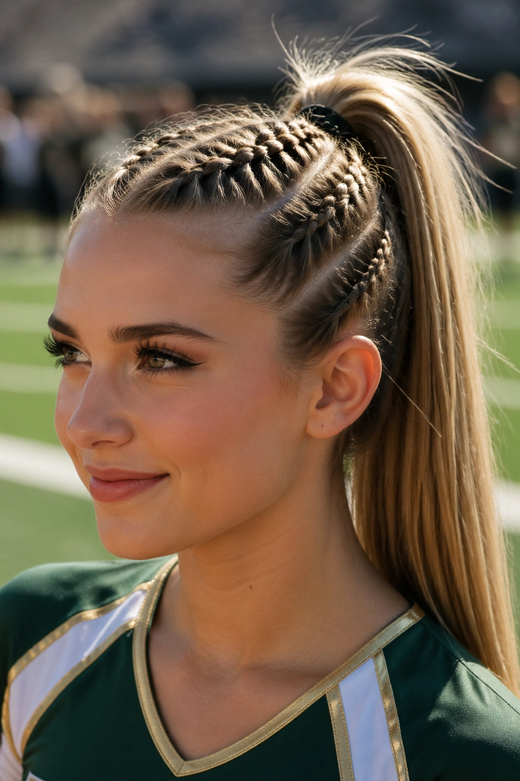 Close-up portrait of a real cheerleader with French braids forming a high ponytail in a stadium