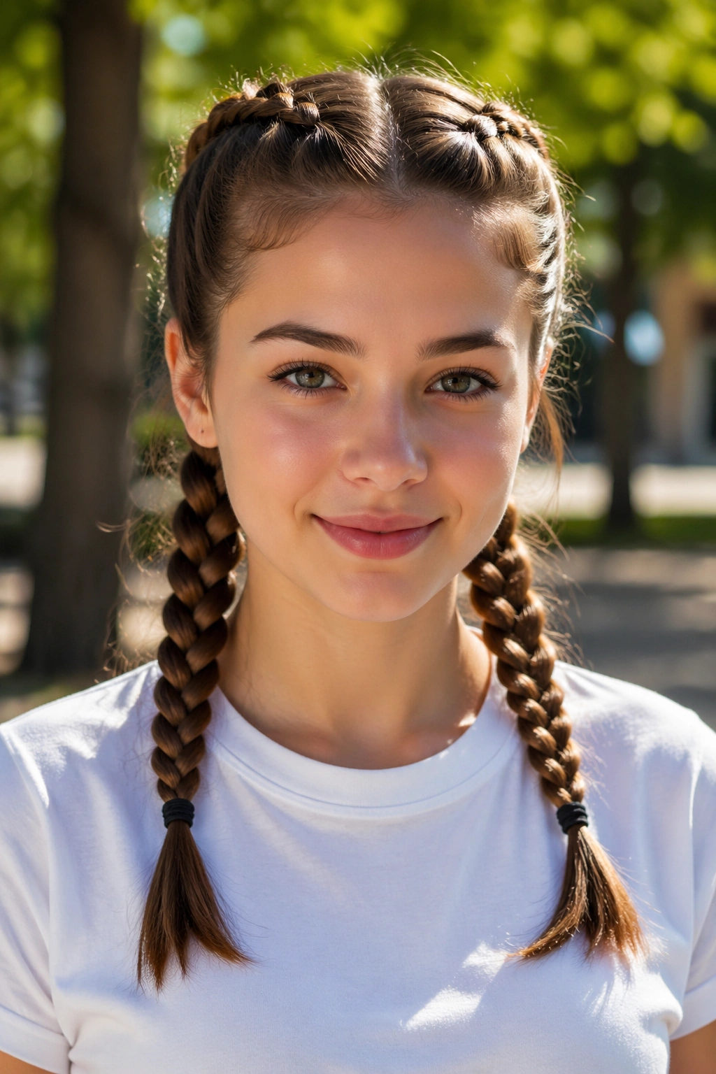 Front portrait of a woman with two French braids in pigtail style