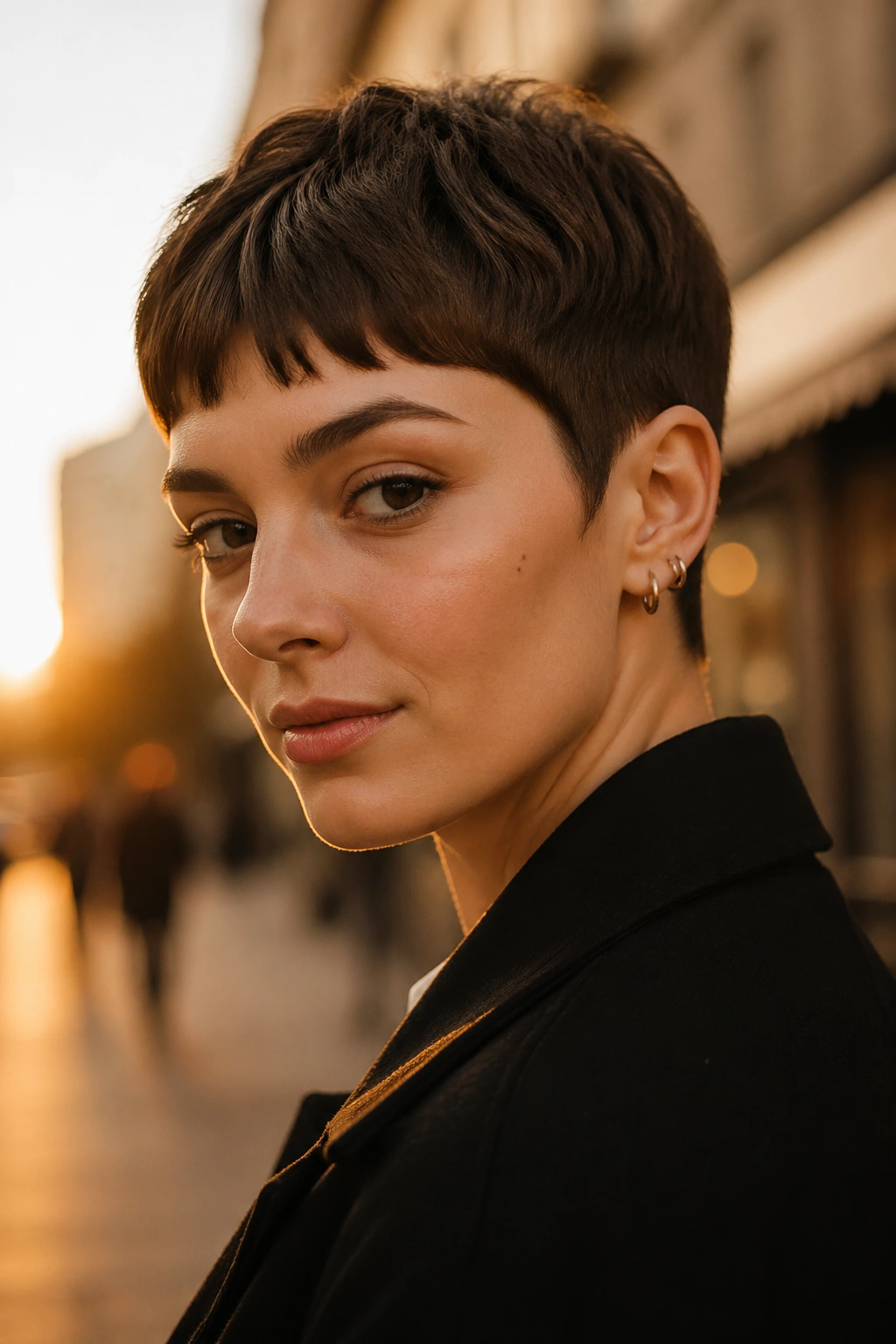 Real person in curved French crop with short bangs on city street