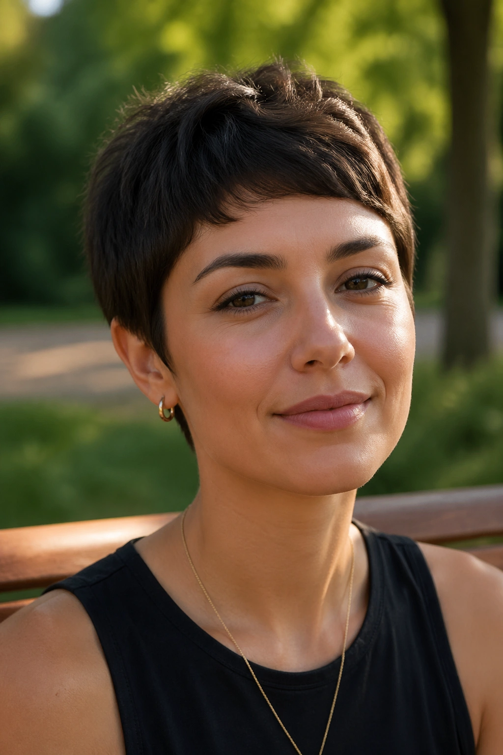 Close-up of a real woman wearing a French cropped pixie with textured top and grazing fringe.