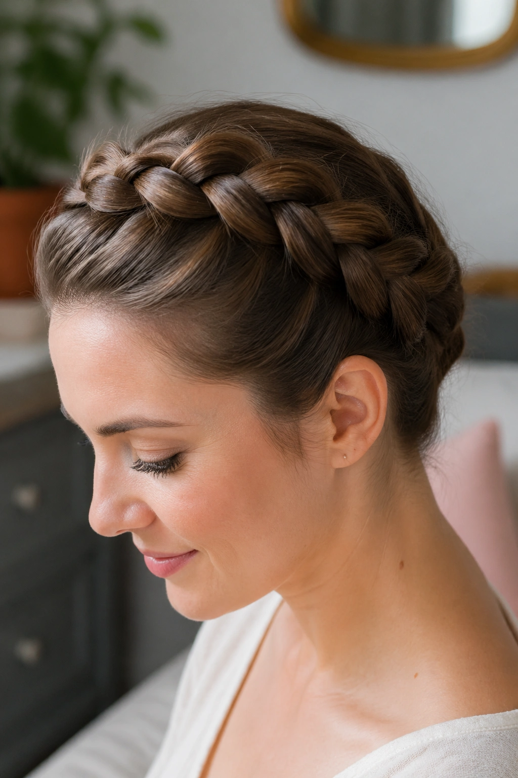 Close-up of a French crown braid with tucked ends on a real woman in soft lighting
