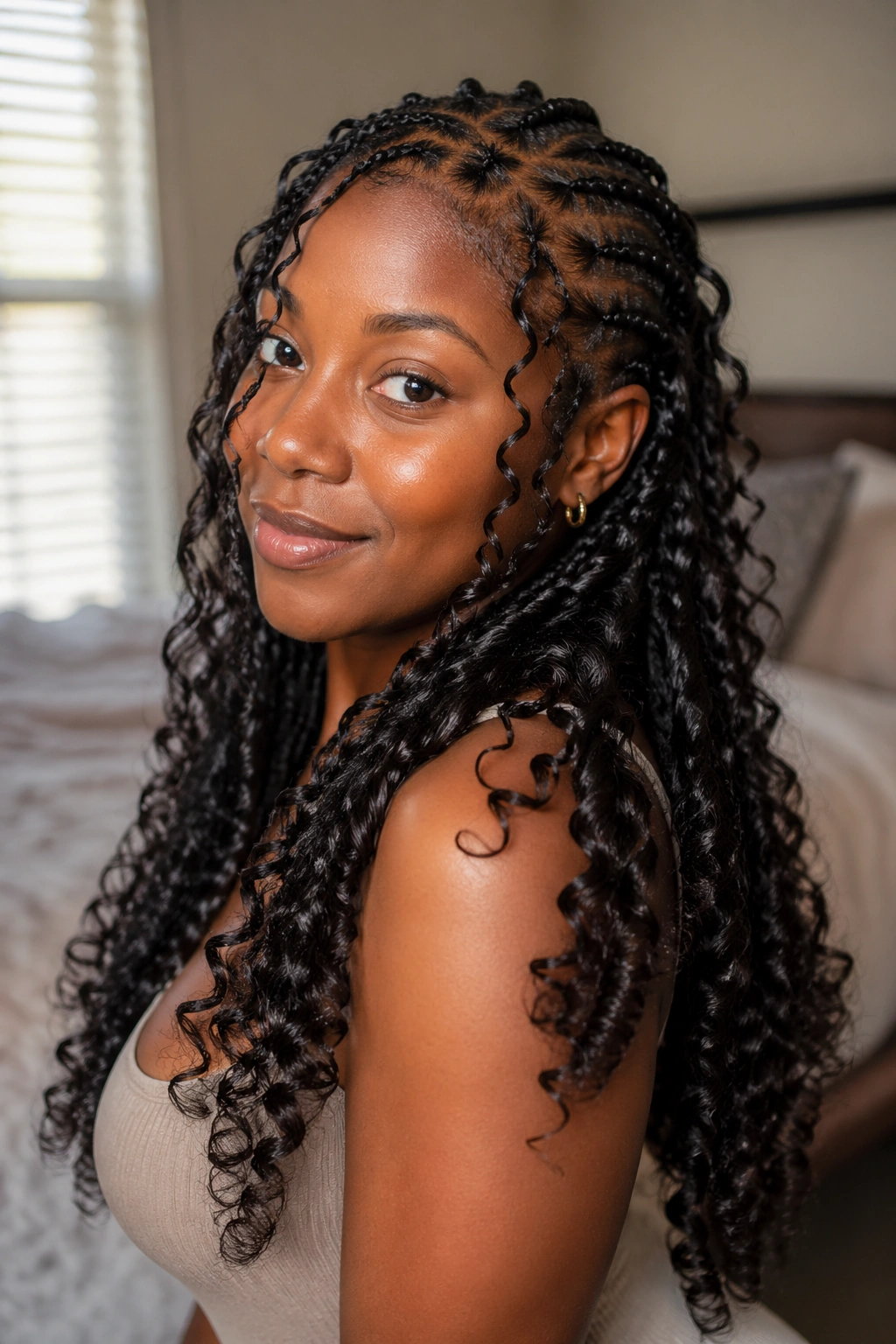 Close-up of a real woman with braids ending in spiral curls.