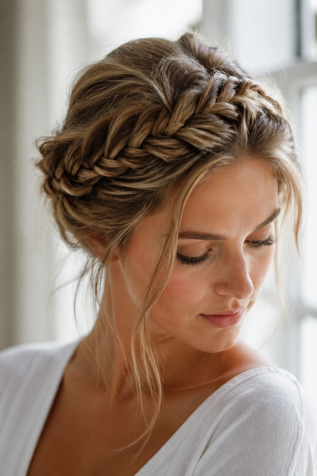 Close-up of a real woman with a crown-level French fishtail braid and lift