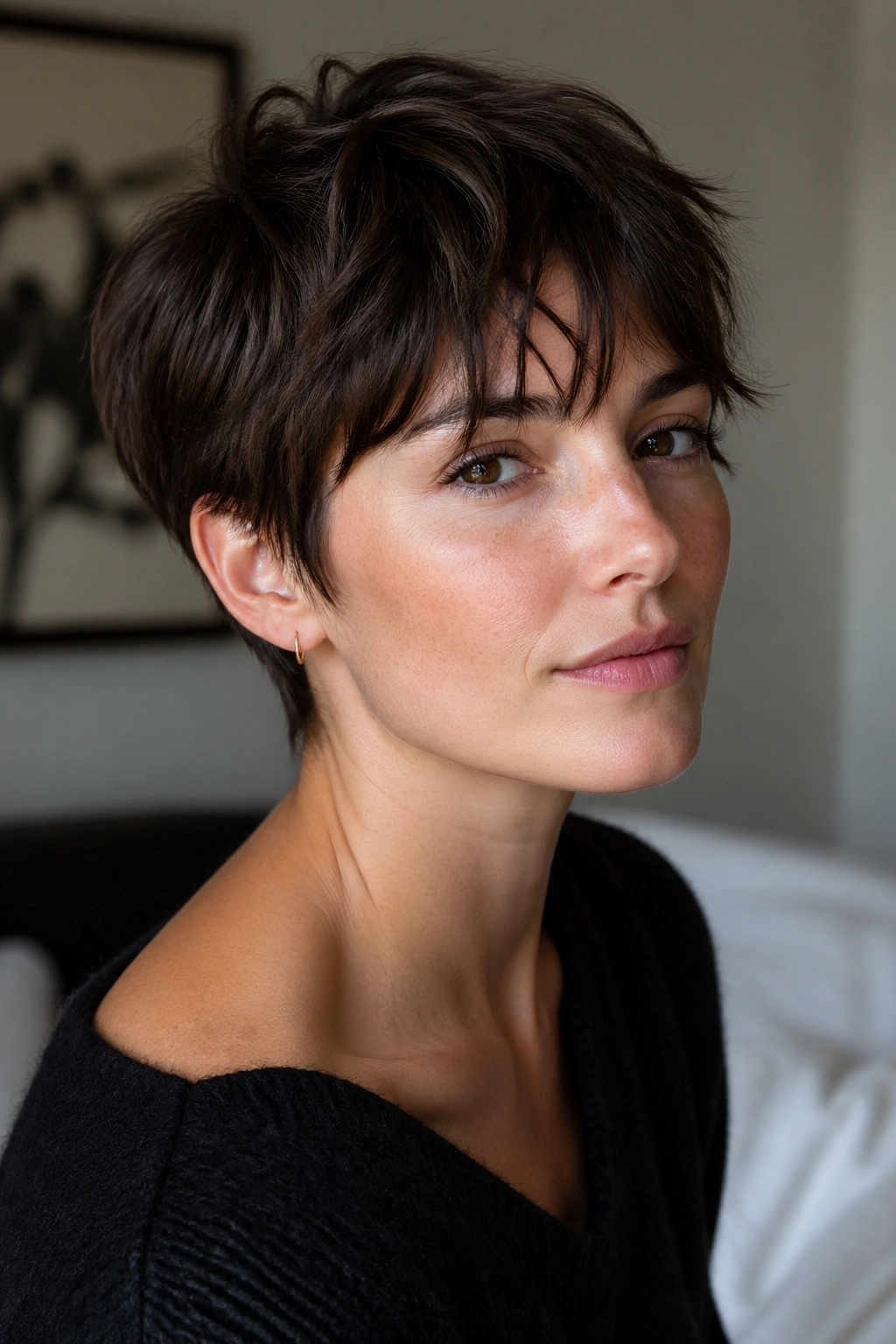 Close-up of a real woman with a French-girl undone pixie in soft light