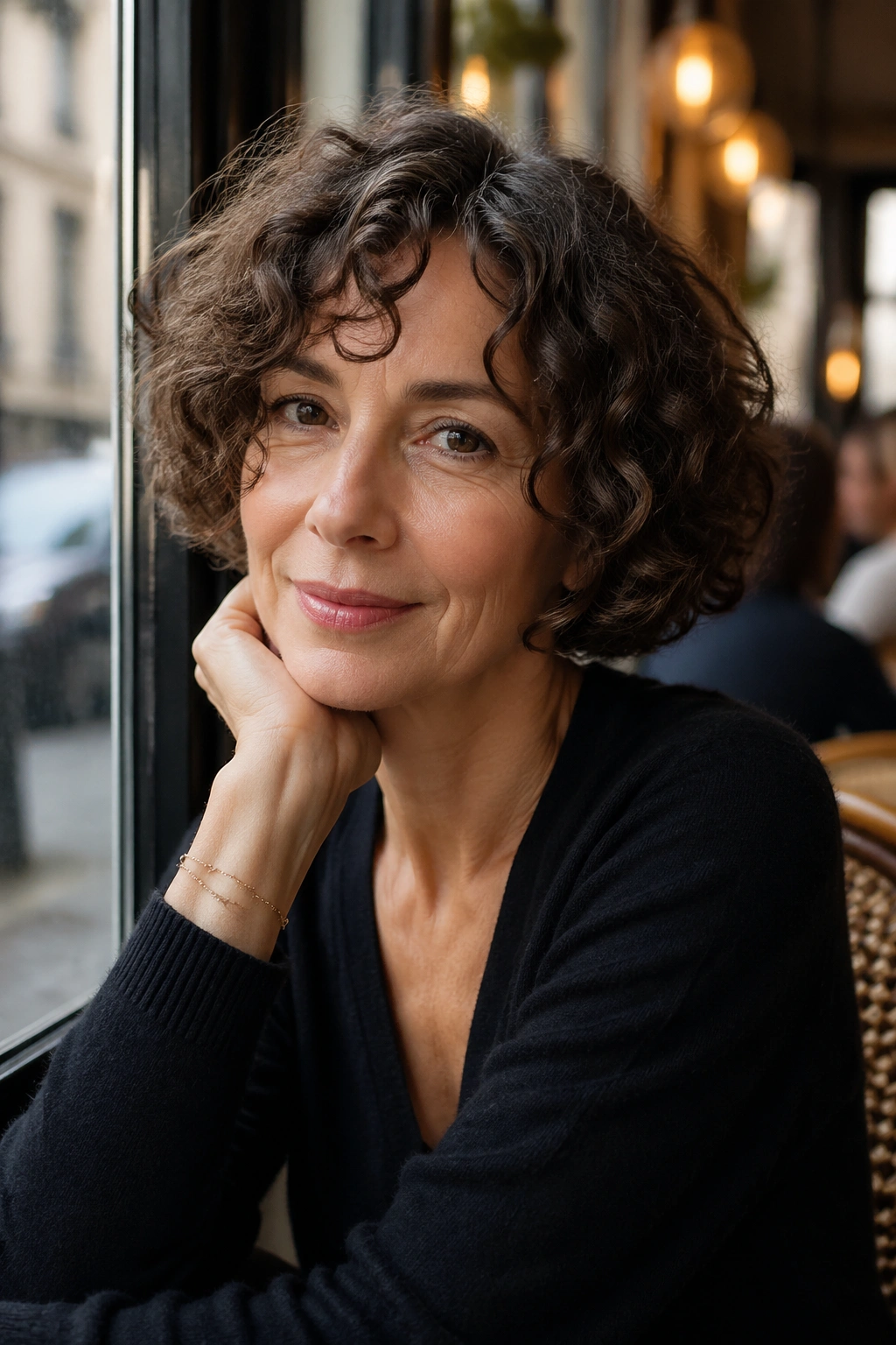 Portrait of a real woman with a French-inspired curly bob and clean edge