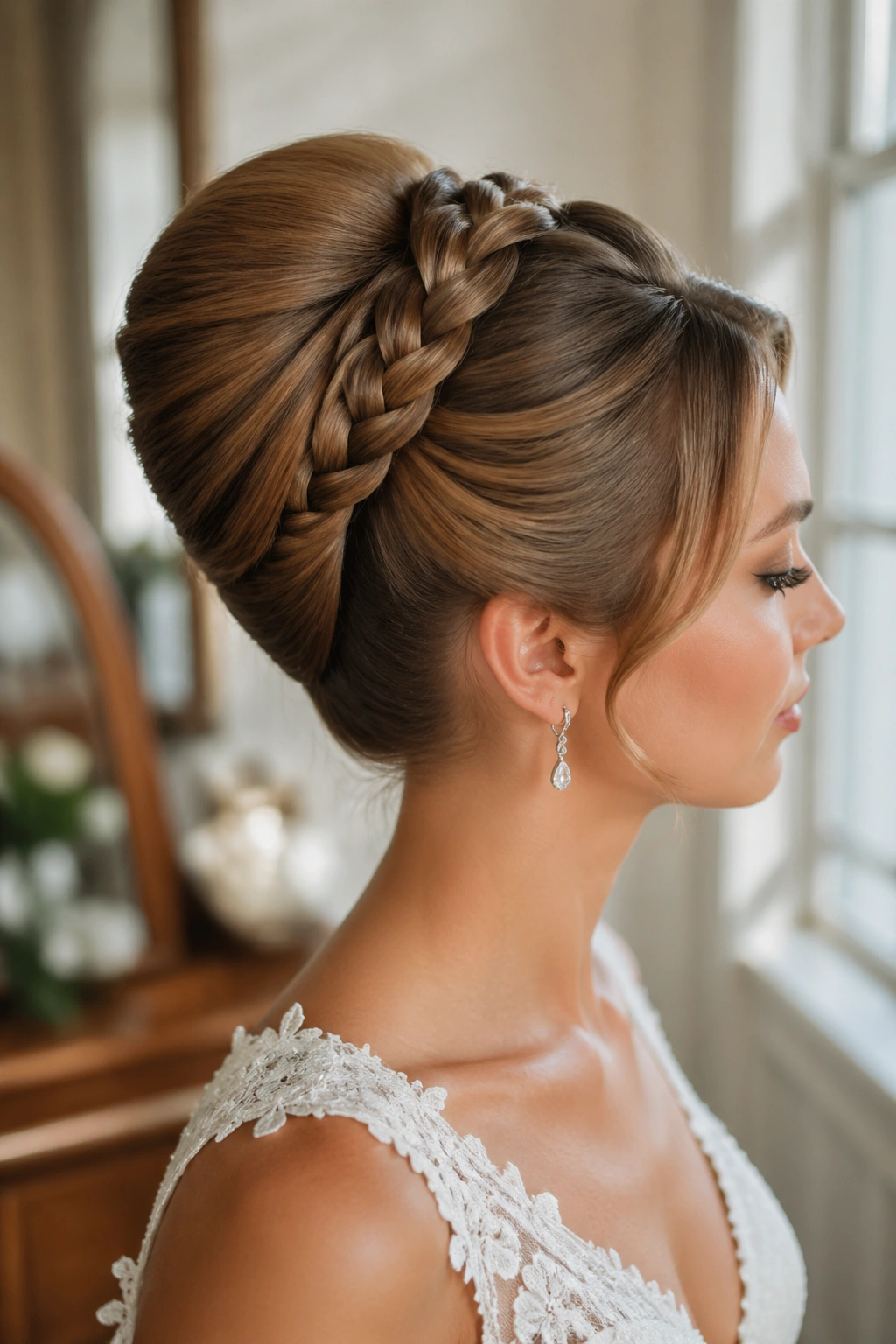 Close-up portrait of a bride showing a French roll with a braid overlay.