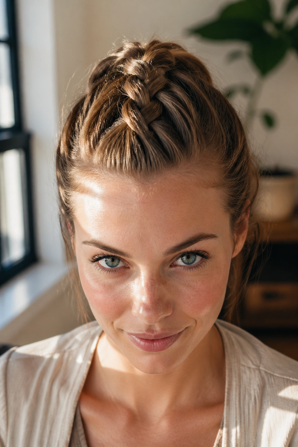 Close-up of a real woman with a French rope braid starting at the crown