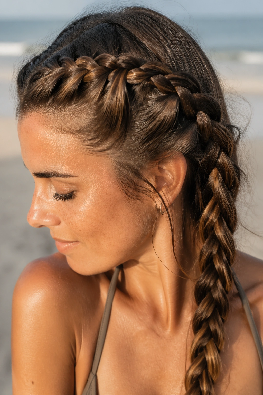 Close-up portrait of a real person with a French rope braid starting at the hairline
