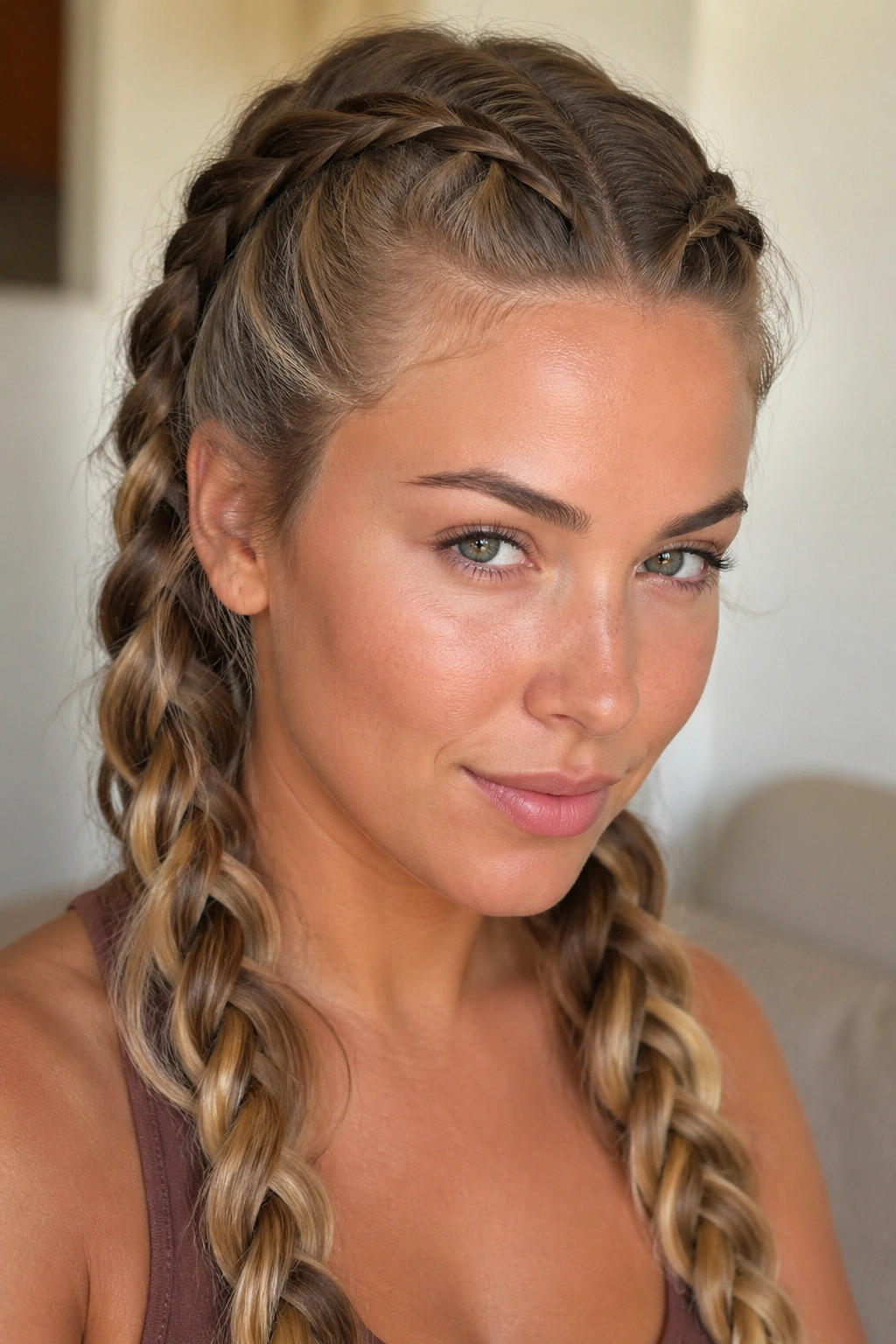 Two French rope braids starting at the hairline on a real woman