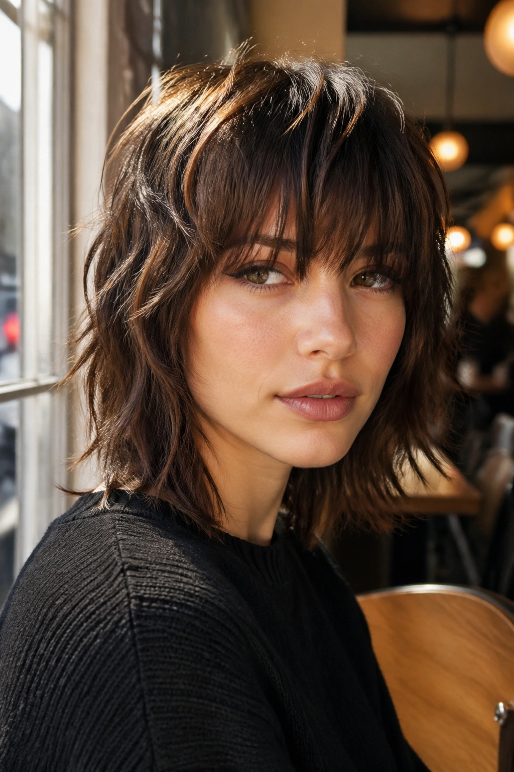 Portrait of a woman with eyebrow-skimming bangs and choppy French shag in a cafe
