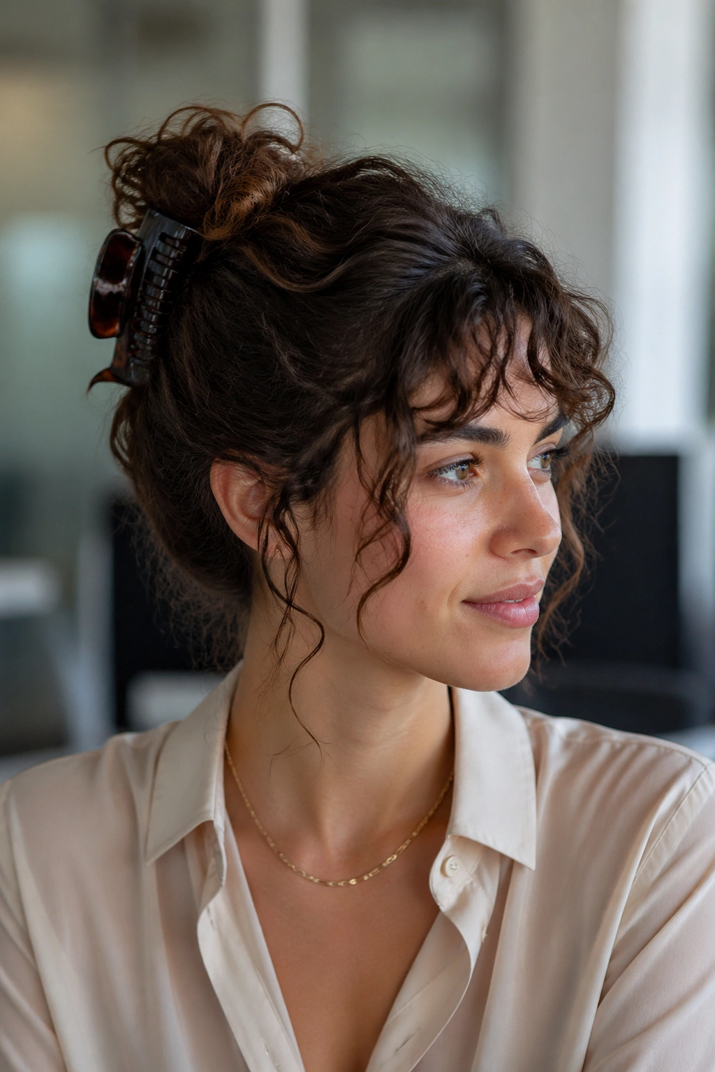 Close-up portrait of a woman with a claw-clip French twist and loose bangs