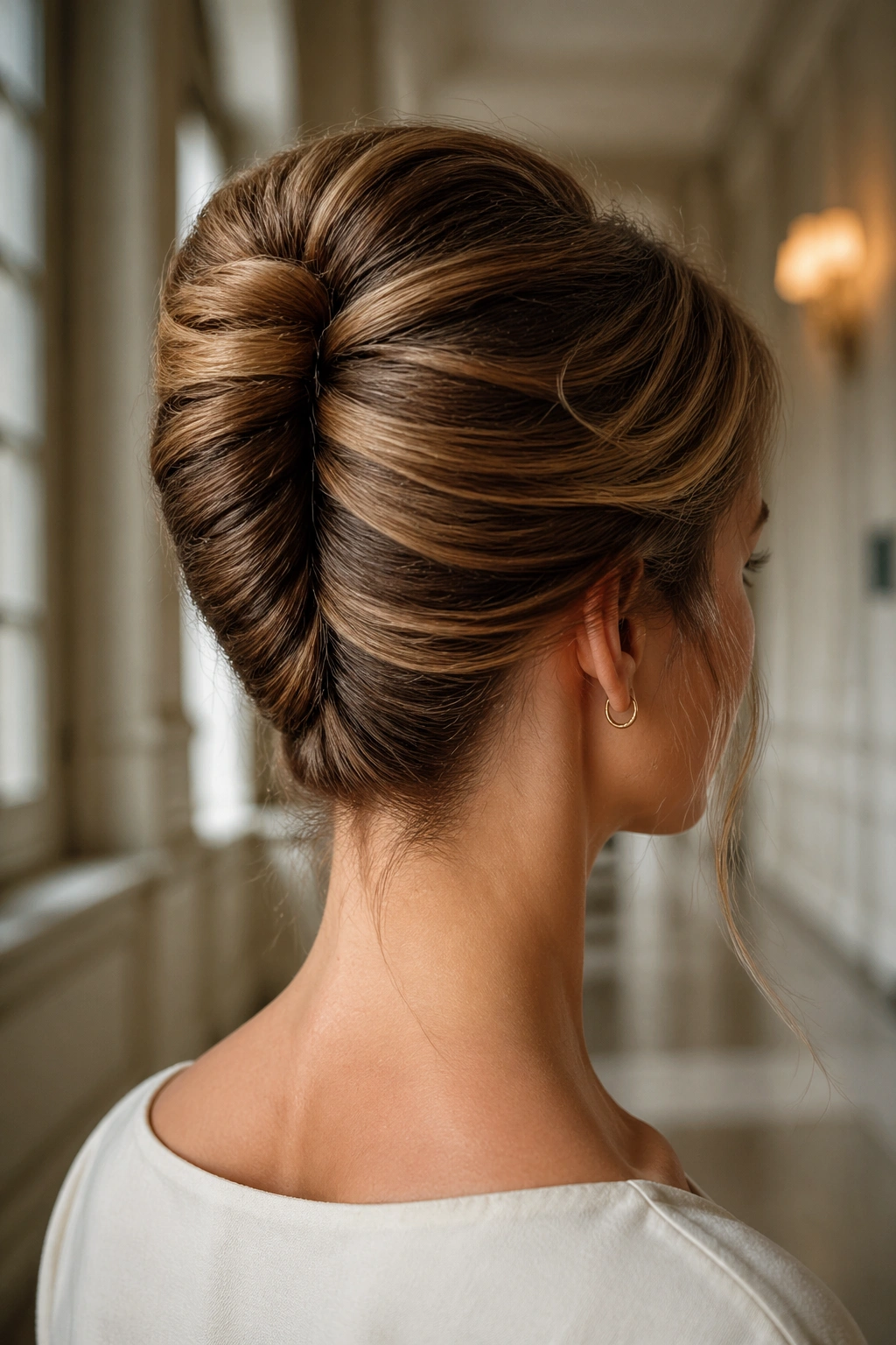Close-up of a woman with a French twist bun along the back of the head