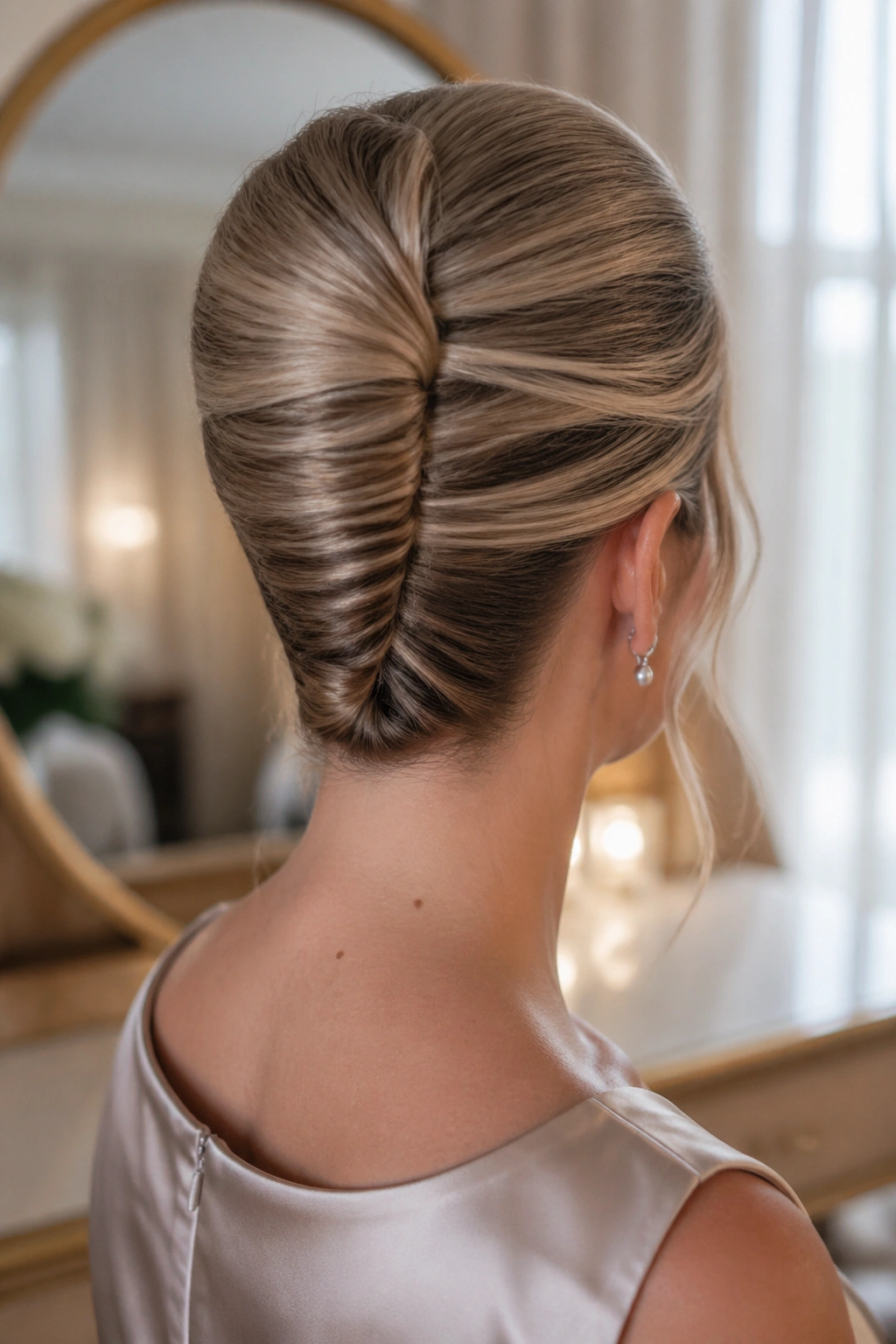 Close-up of a real woman wearing an Old-School French Twist updo