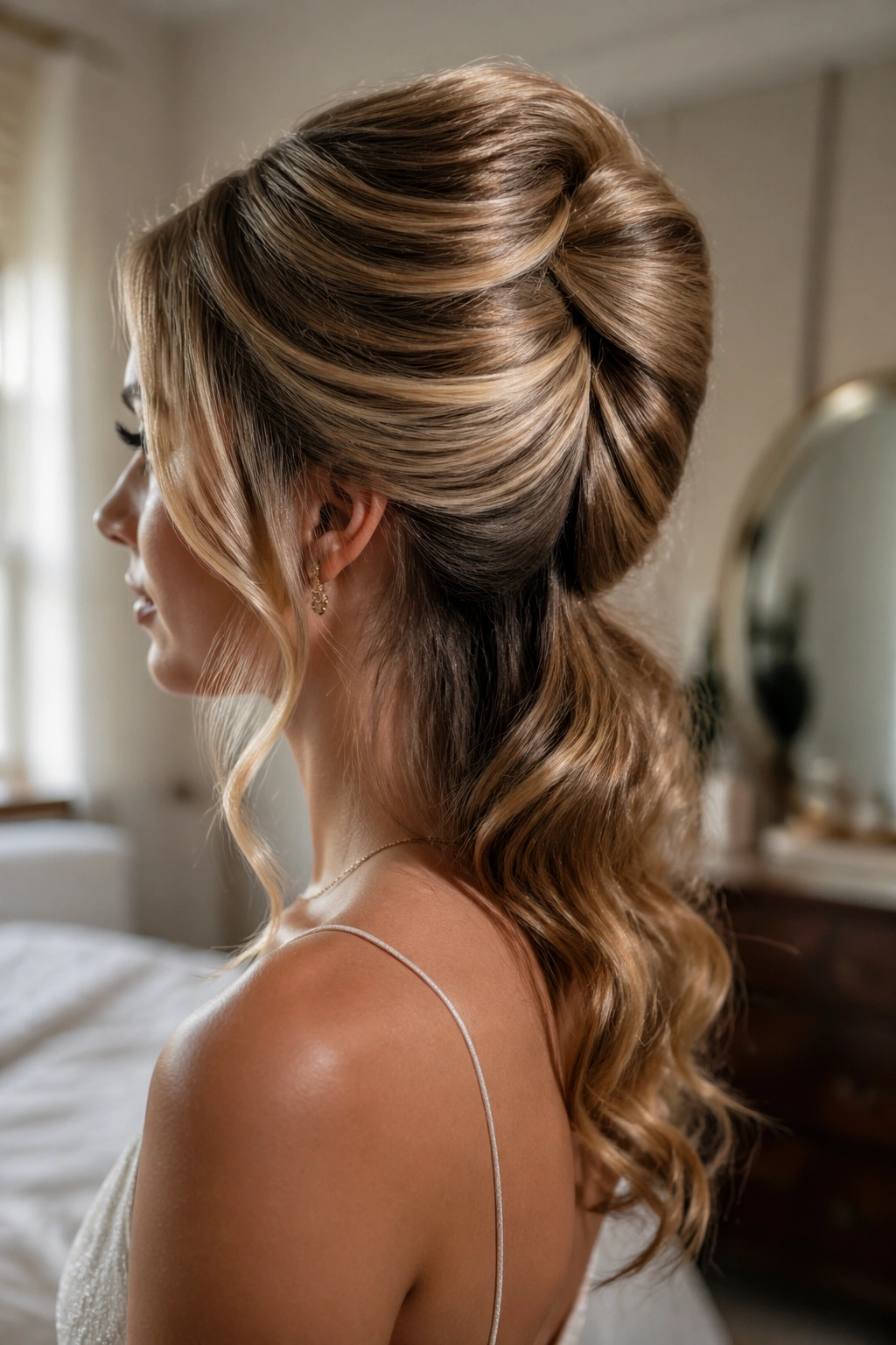 Close-up of a real woman with a French Twist with Loose Length, twist along the back of the head with a soft lower section visible