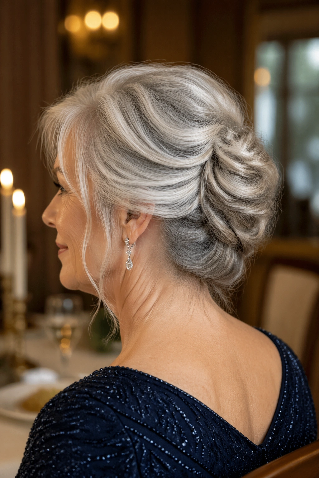 Portrait of a real woman with a loose French twist at the nape