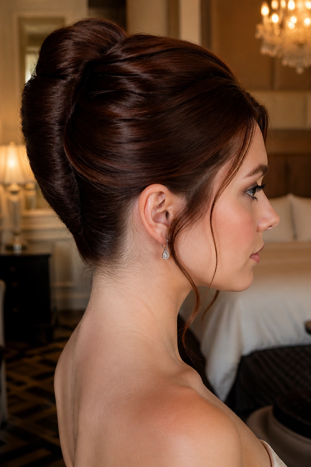 Side-profile of a real person with a French twist on rich mahogany hair.