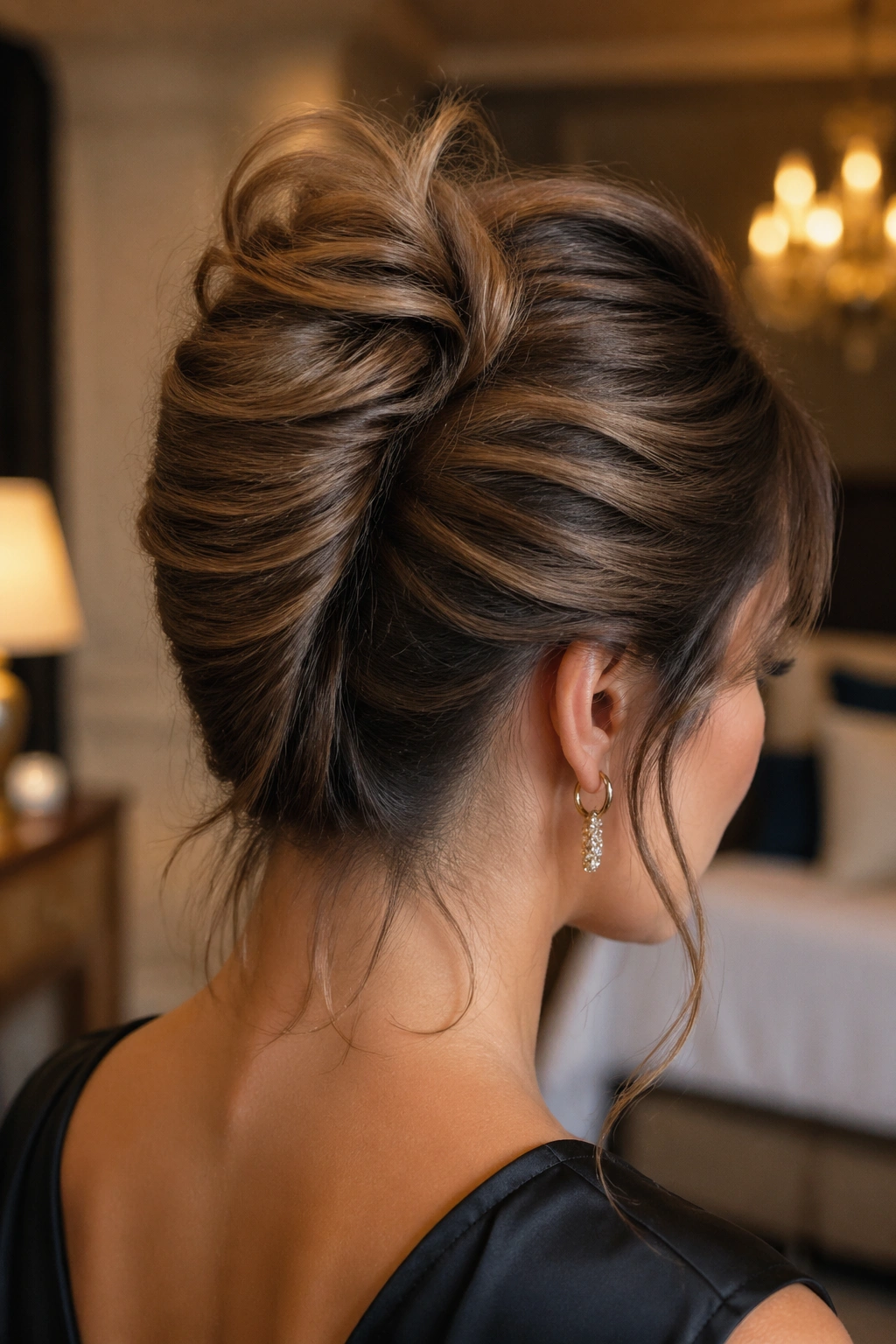 Back-of-head view of a French twist on a real woman in warm hotel lighting
