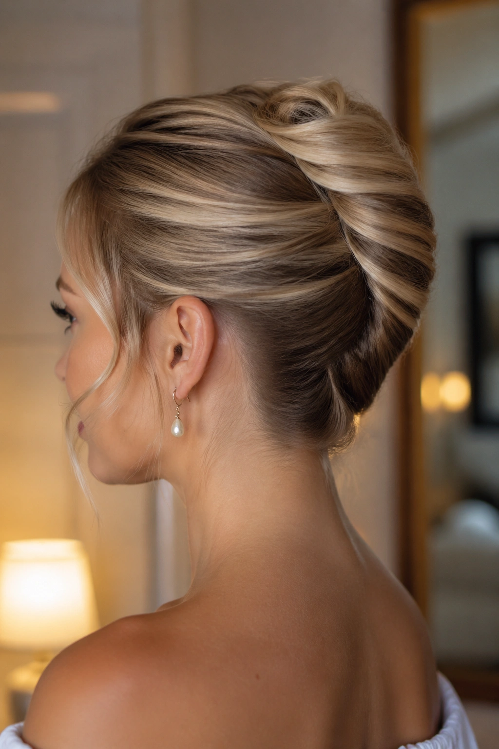 Real woman with a French twist and vanilla beige highlights