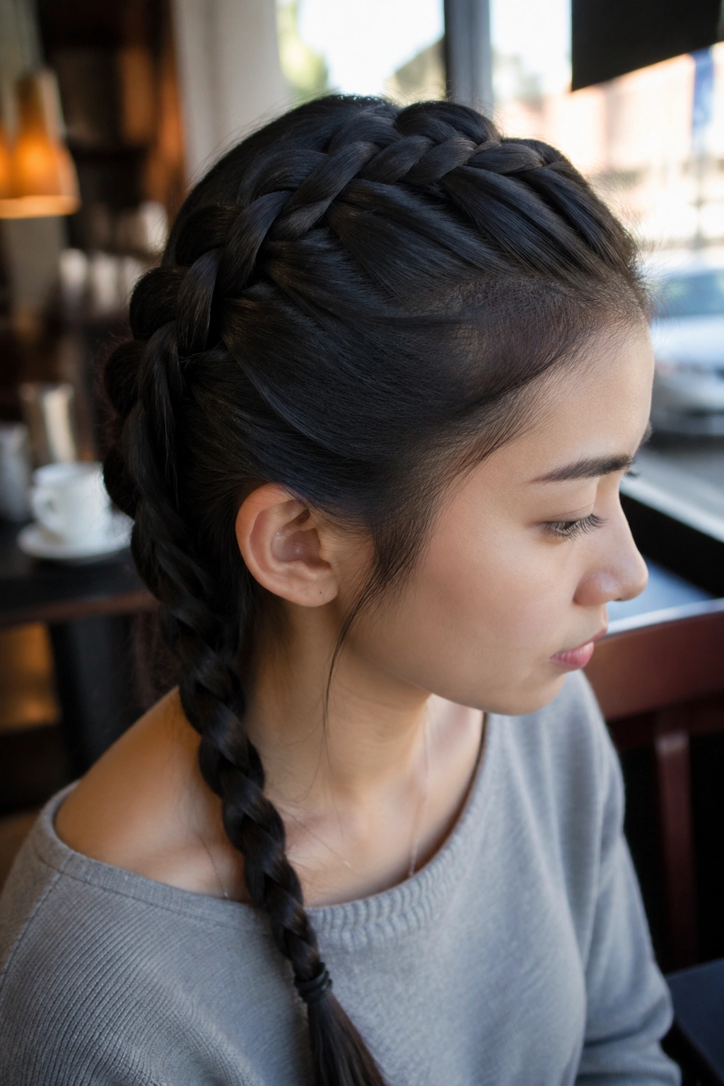 Close-up of a real woman with a French braid along the scalp in a cafe setting.
