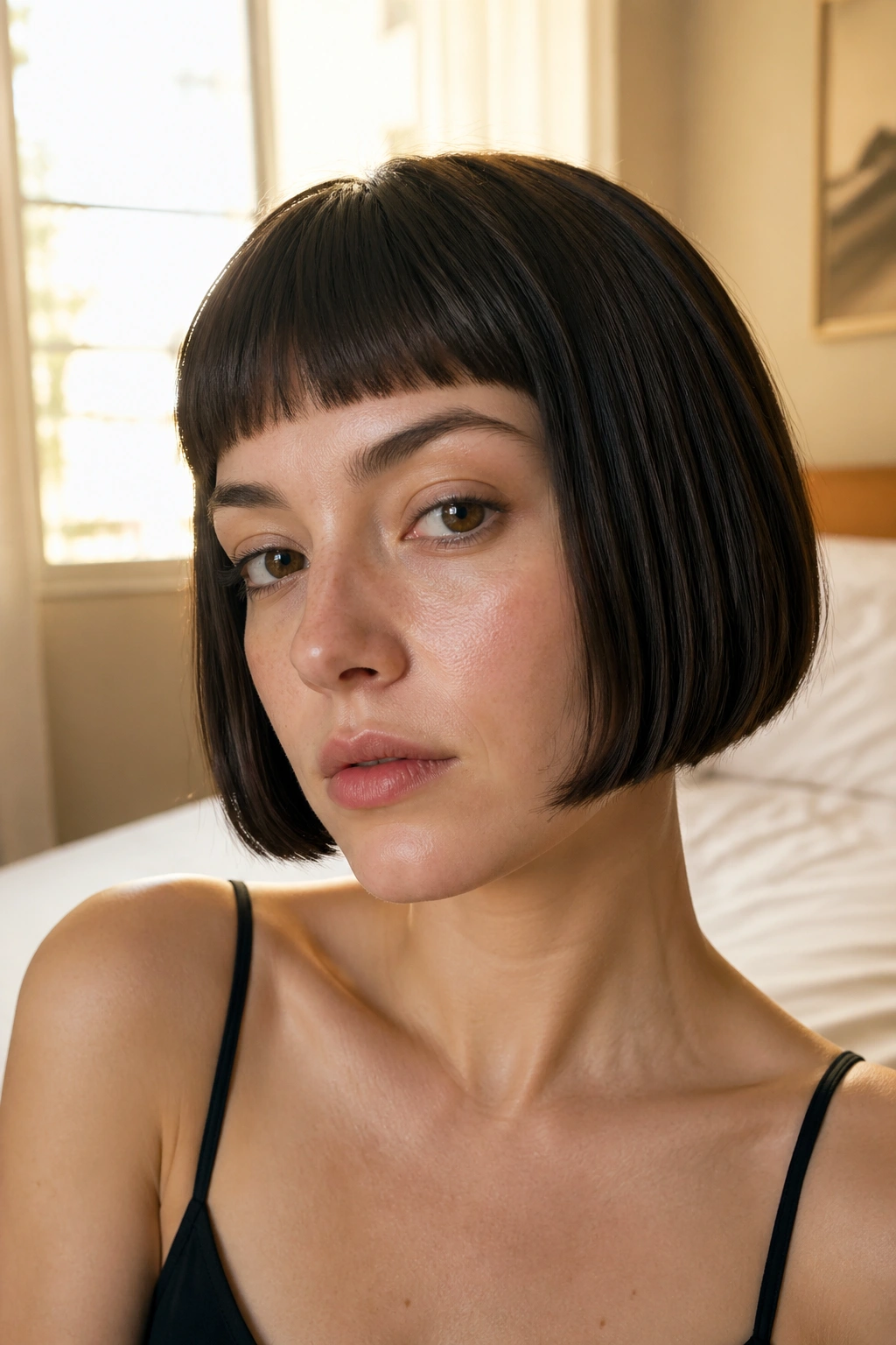 Close-up portrait of a real woman with a French Bob With Micro Fringe for Straight Hair