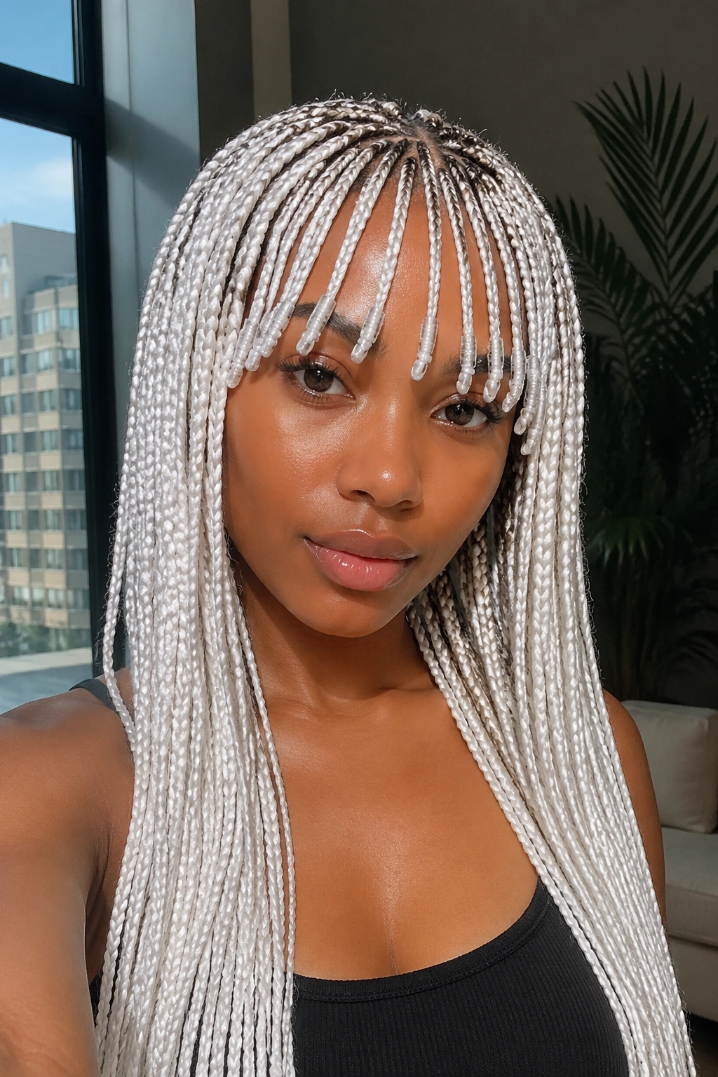 Real woman with white box braids featuring braided bangs/fringe.