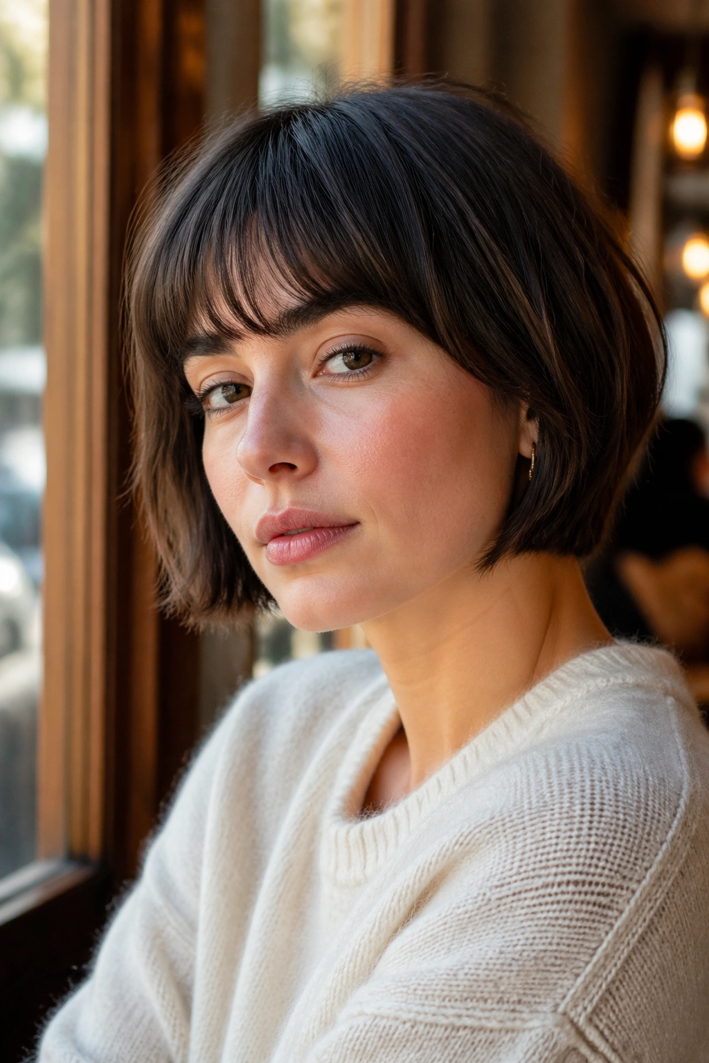 Real woman with a French bob and soft fringe grazing the brows in daylight