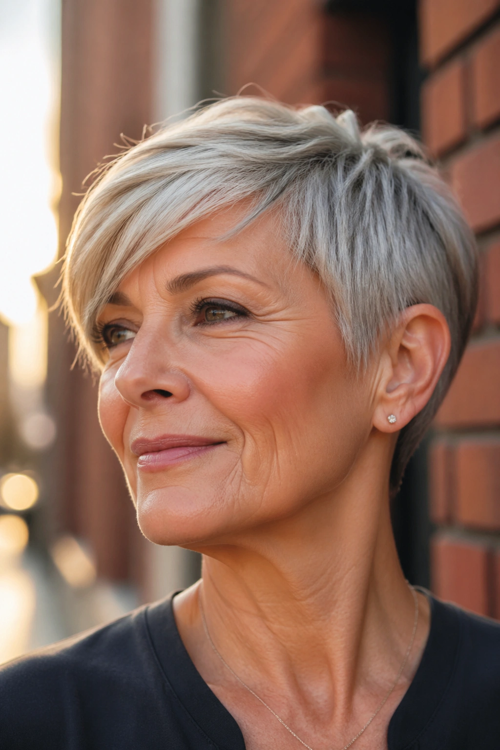 Close-up of a real woman wearing a sweeping fringe razor crop hairstyle