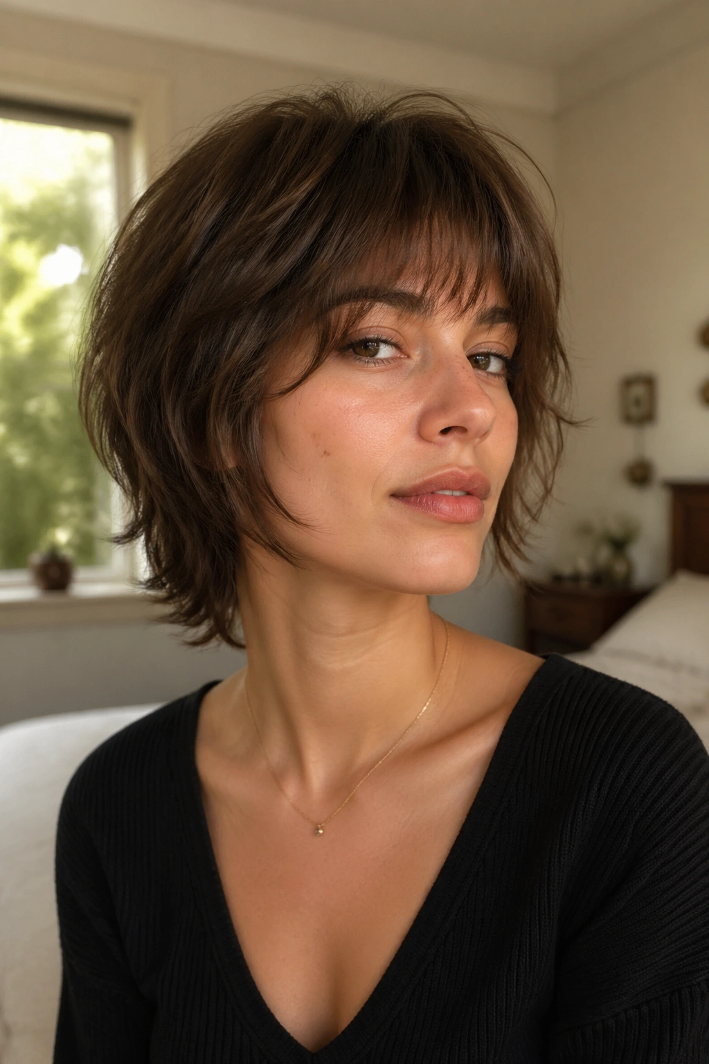 Close-up portrait of a real woman with a French girl shag hairstyle featuring a lifted crown and cheekbone-grazing fringe