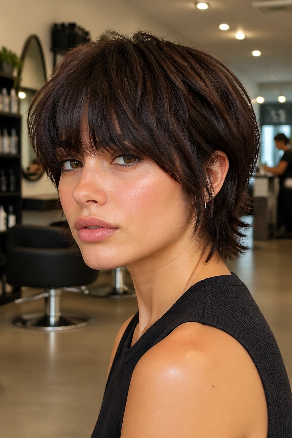Close-up portrait of a woman with heavy fringe shag and tapered nape