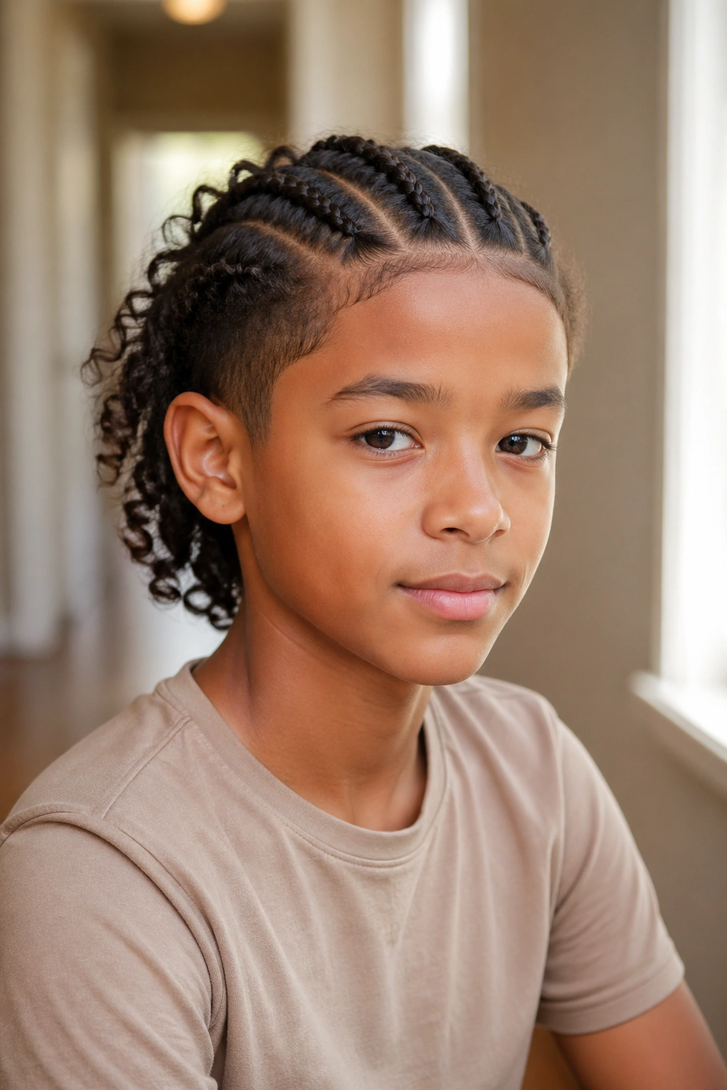 Close-up portrait of a real boy with front braids and loose curls in the back.