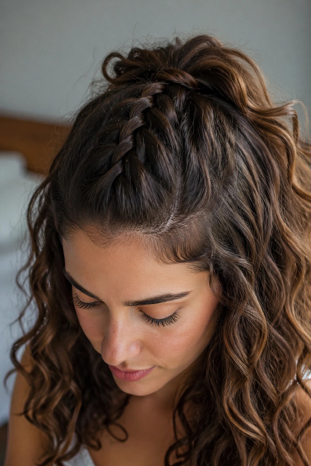 Close-up of a real woman with a front French braid transitioning into a half pony.