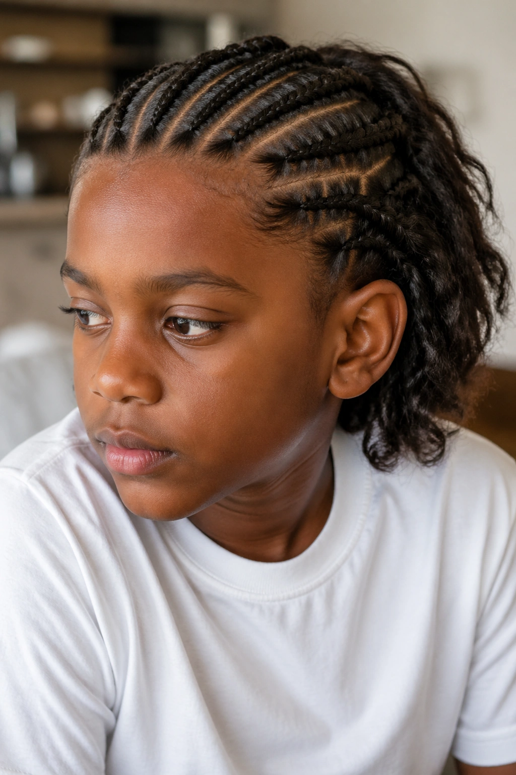 Close-up portrait of a boy with front-half braids and loose back hair