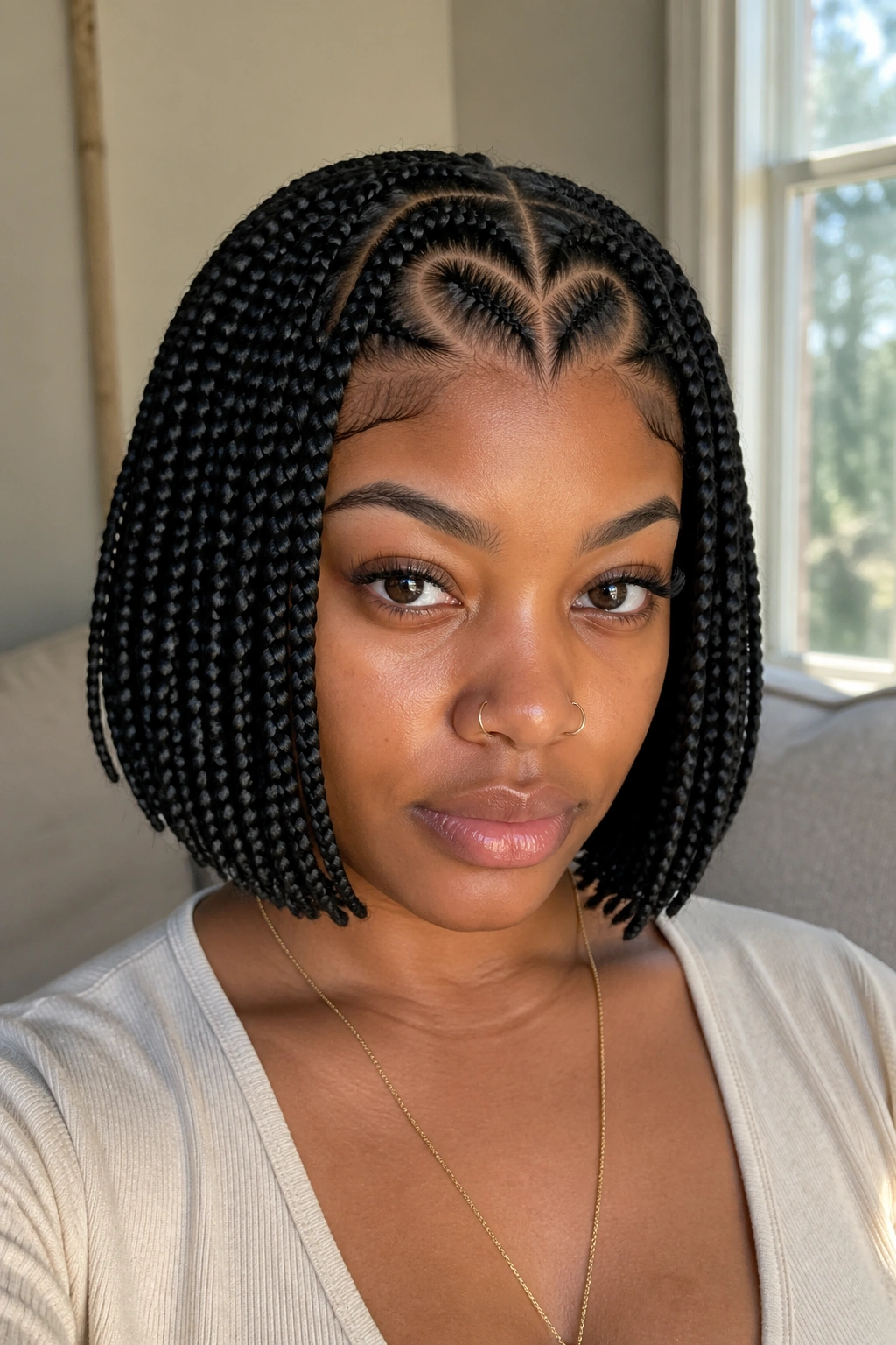 Close-up of a real person with a short bob braid and front heart detail