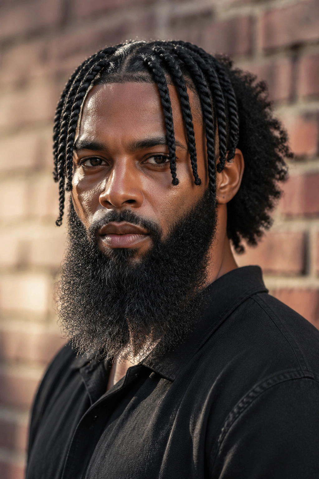Portrait of a man with front-only twist braids and back curls outdoors
