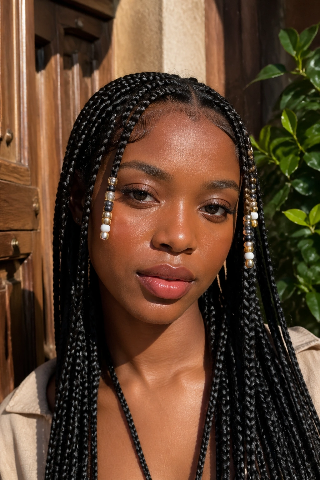 Front-row accent beads on knotless box braids framing the face