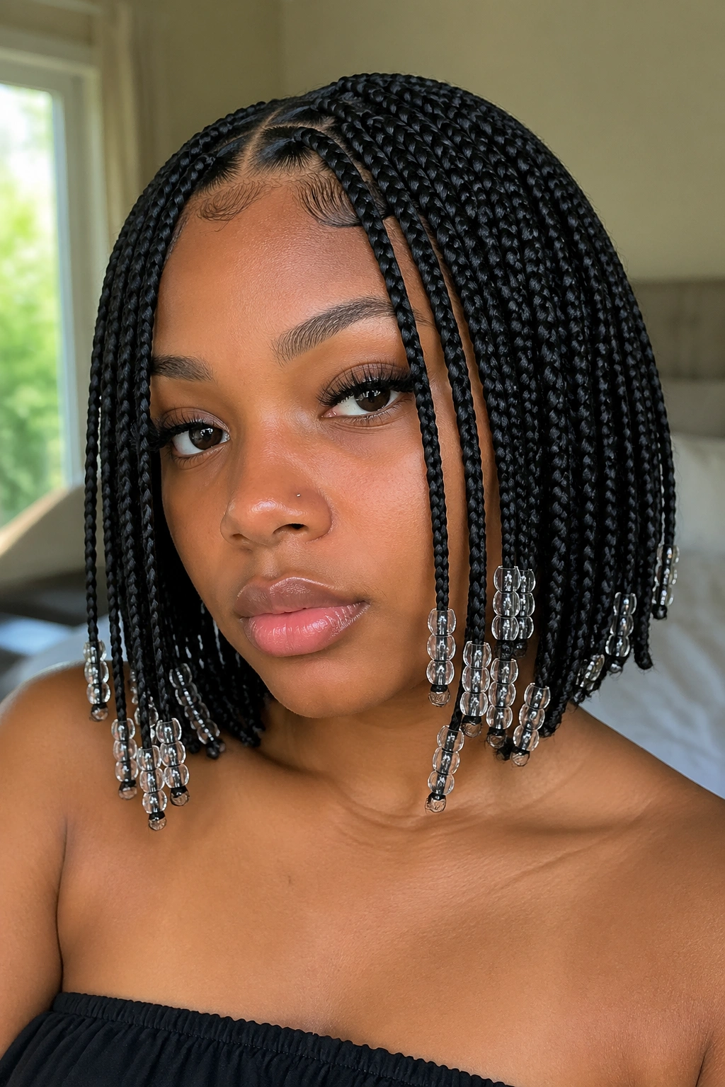 Close-up portrait of a real person with Layered Bob With Beads Only on the Front Rows