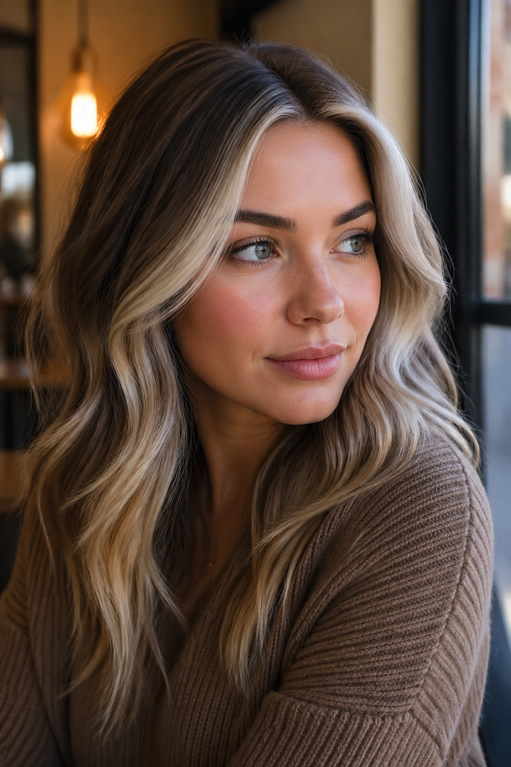 Portrait of a person with frosted face-framing highlights around the face.