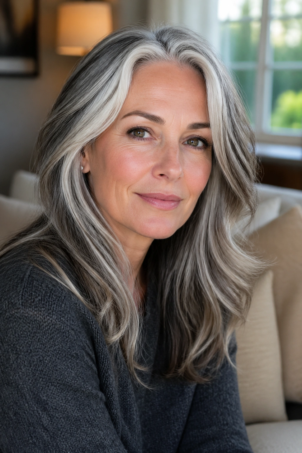 Close-up portrait of a person with natural gray hair and frosted dusting highlights.
