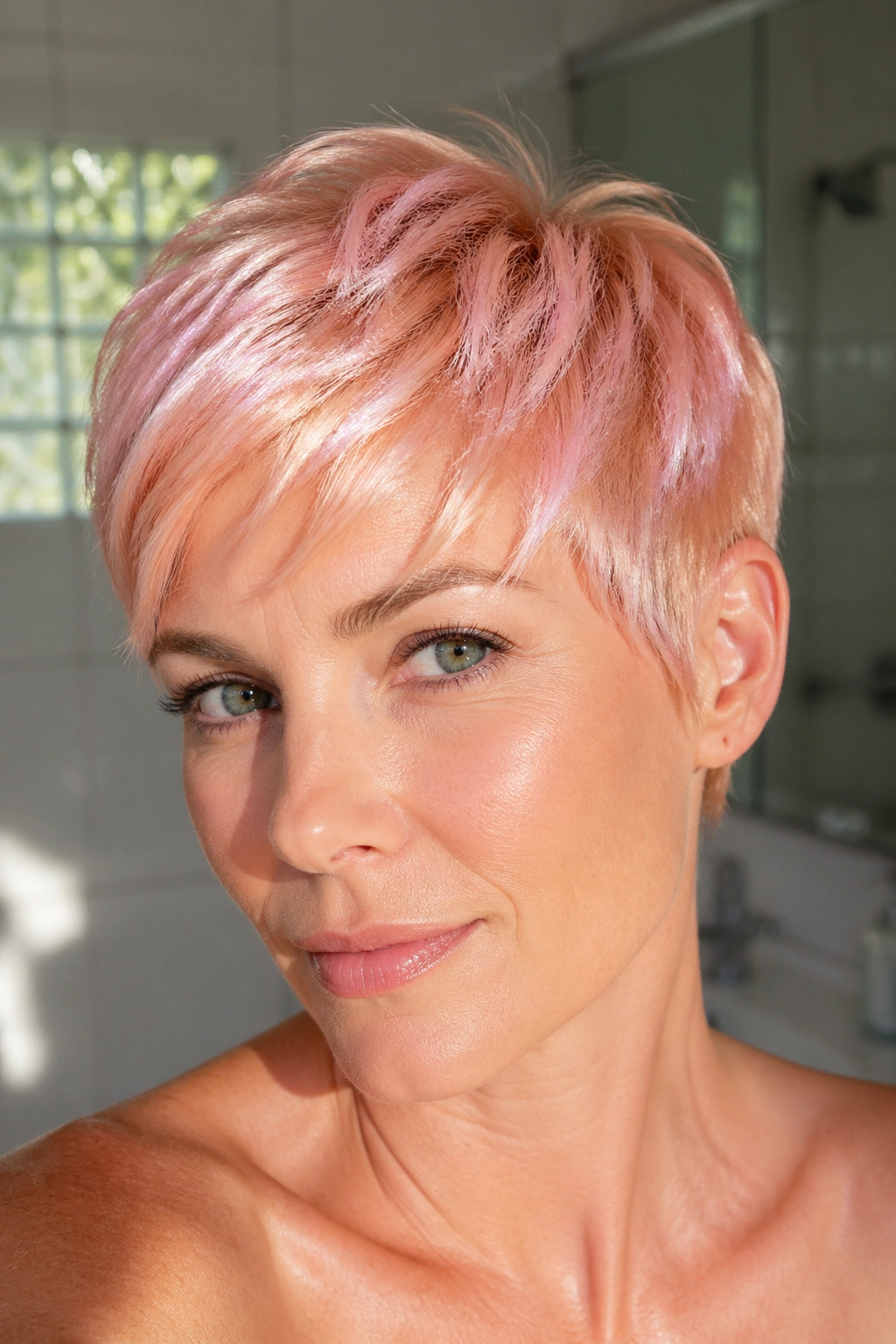 Real woman with frosted peach holographic pixie haircut.