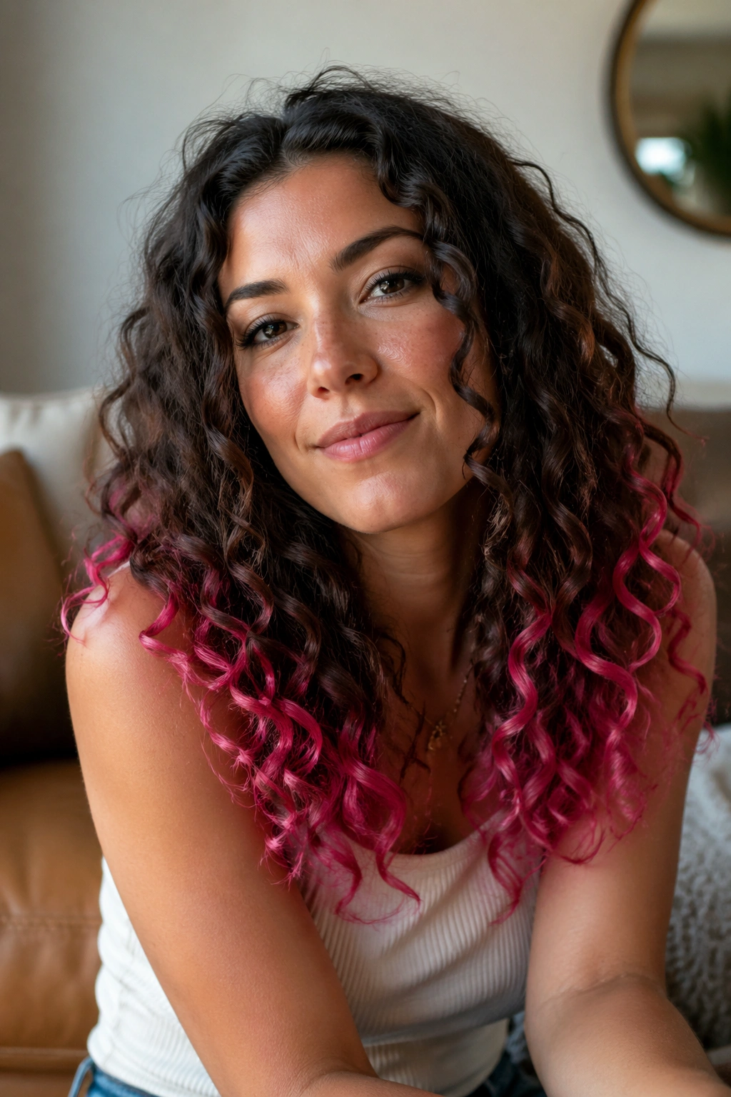 Close-up of a real woman with fuchsia tips on curly hair