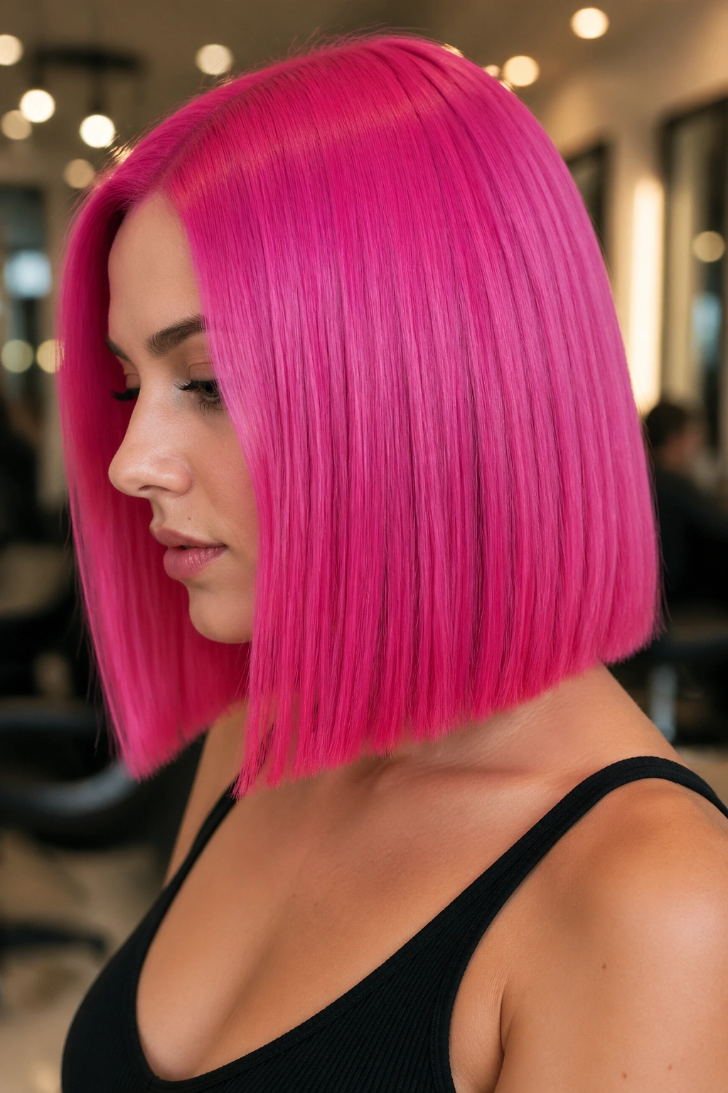 Portrait of a real person with a bold fuchsia lob, blunt cut and saturated color.